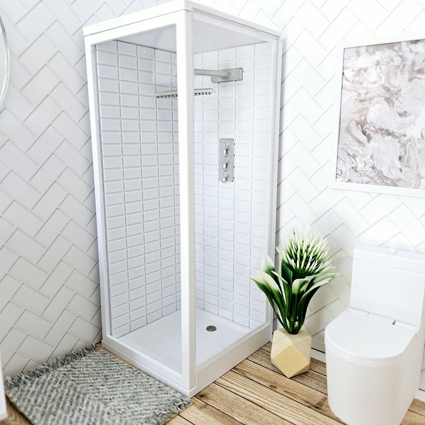 Dolls House Modern Shower Cubicle | Acrylic Door & Metro Tiles | 1:12 Scale Miniature