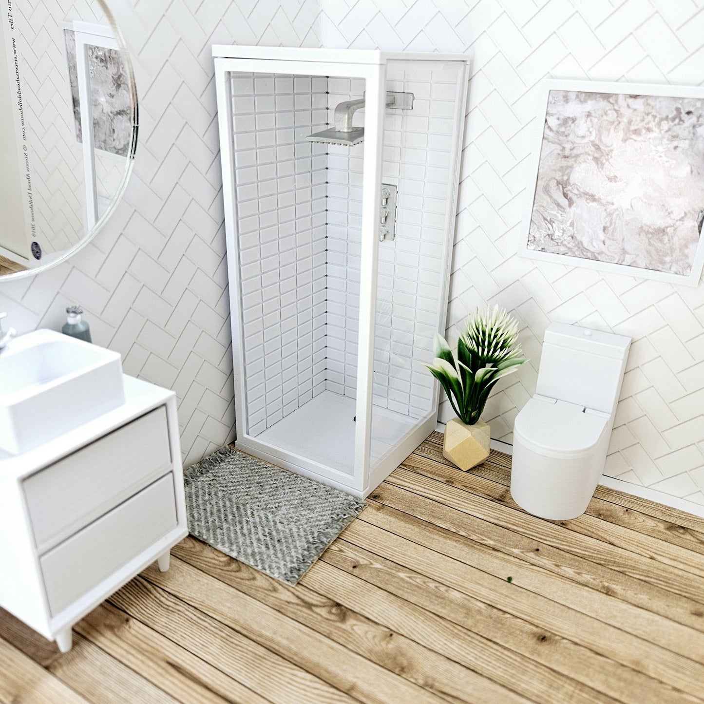 Dolls House Modern Shower Cubicle | Acrylic Door & Metro Tiles | 1:12 Scale Miniature