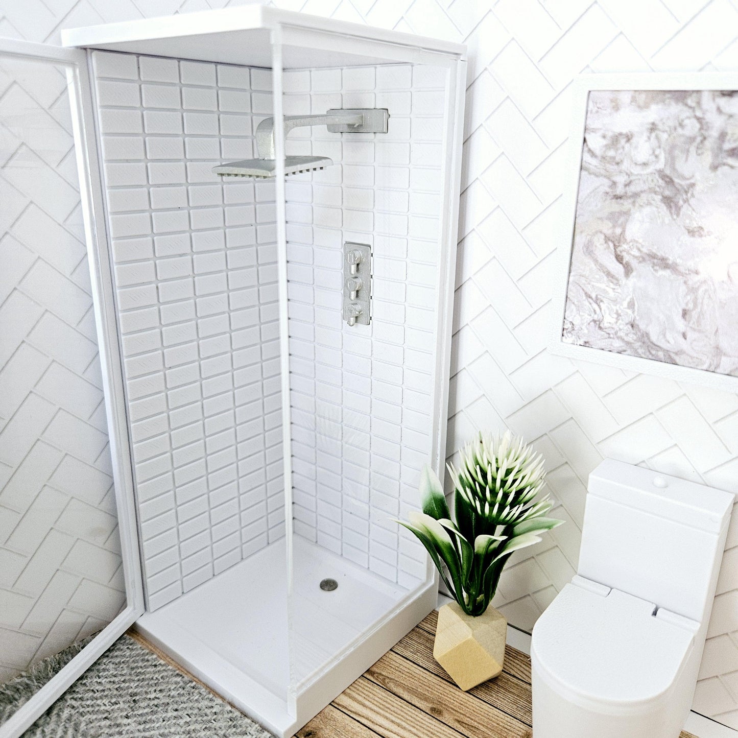 Dolls House Modern Shower Cubicle | Acrylic Door & Metro Tiles | 1:12 Scale Miniature
