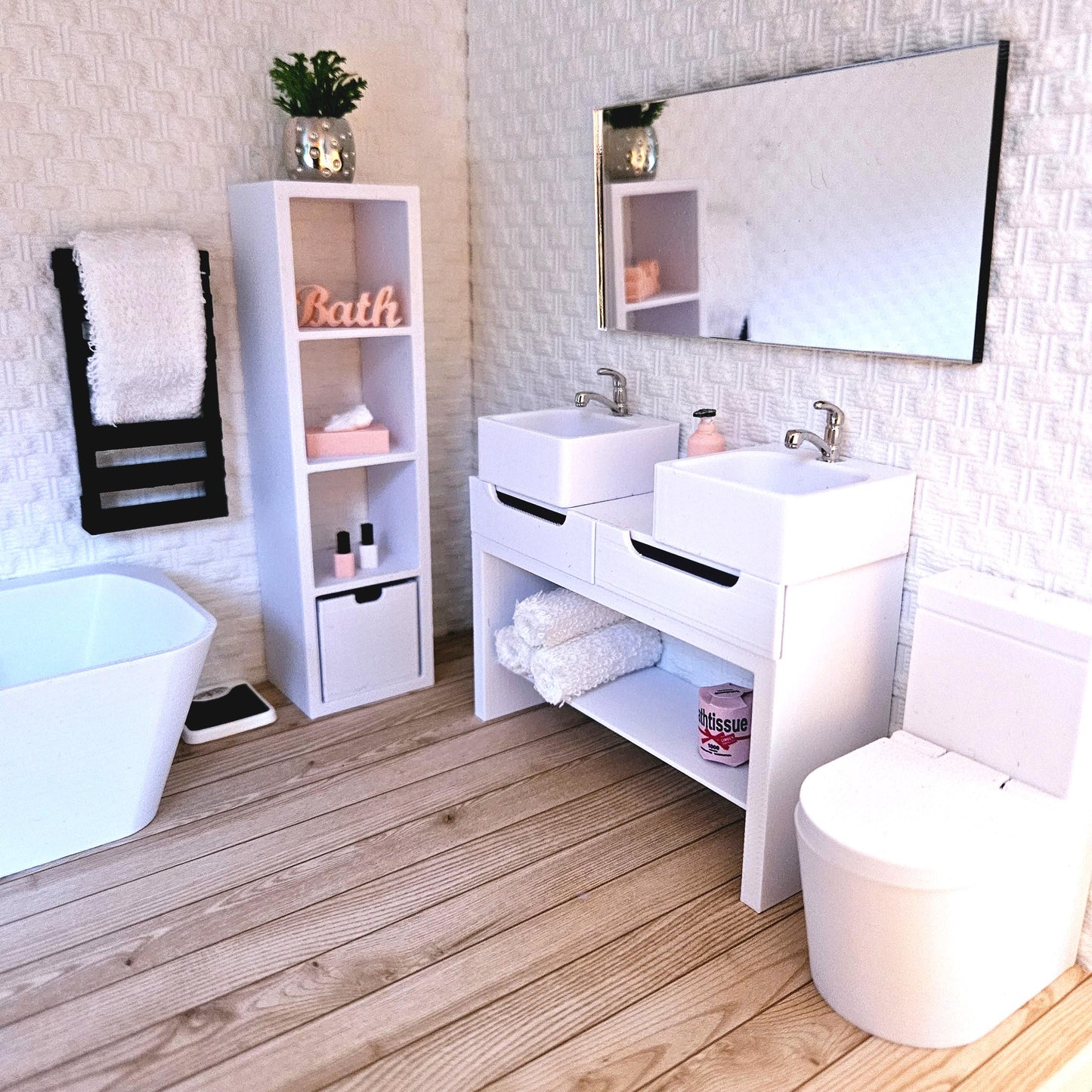 Dolls House Modern Vanity with 2x Opening Drawers, with a bottom shelf with 2x sinks, 12th Scale, Miniature