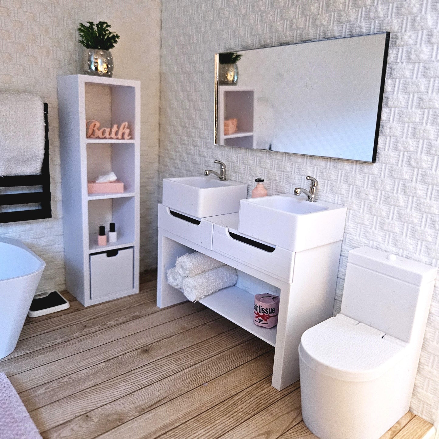 Dolls House Modern Vanity with 2x Opening Drawers, with a bottom shelf with 2x sinks, 12th Scale, Miniature