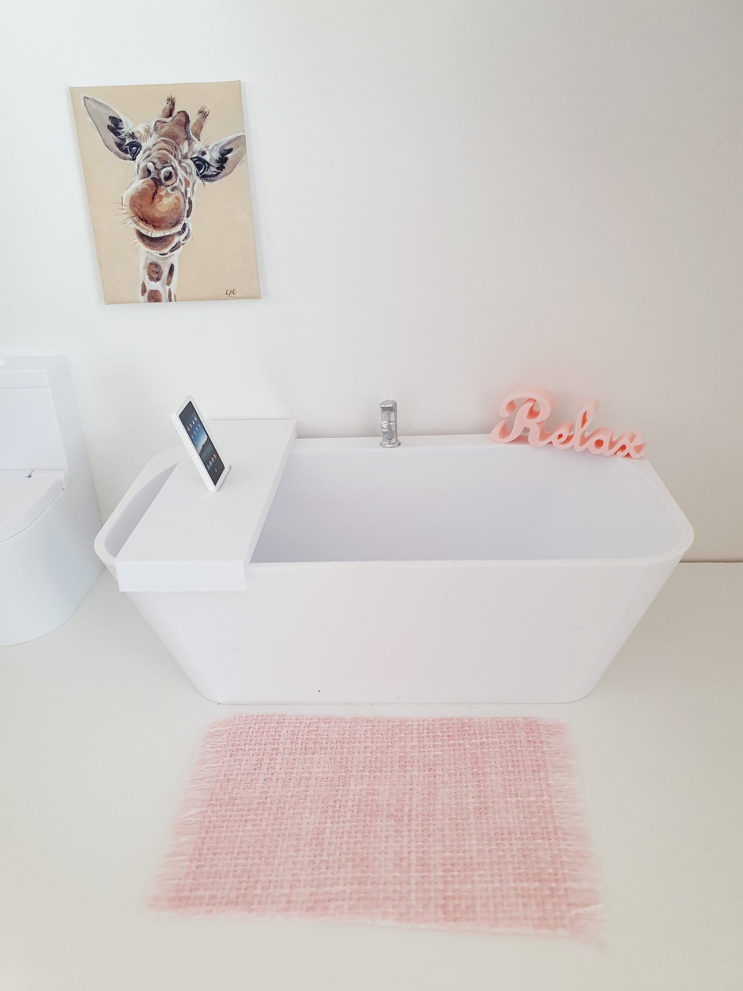 Dolls House Modern Full Bathroom Set, Bath, Wooden Vanity with double sinks, Toilet, Mirror & Soap Pump, Relax Sign, Bath Board, 12th scale