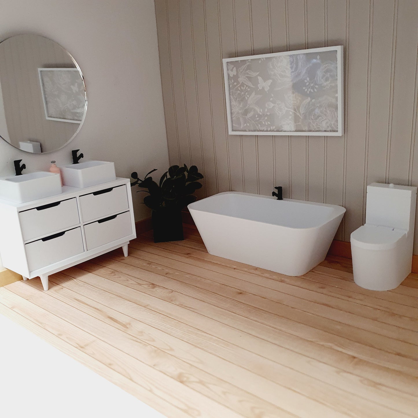Dolls House White Modern Full Bathroom Set, Bath, Vanity with double sinks, Toilet, Mirror & Soap Pump, 1:12th scale, miniature set