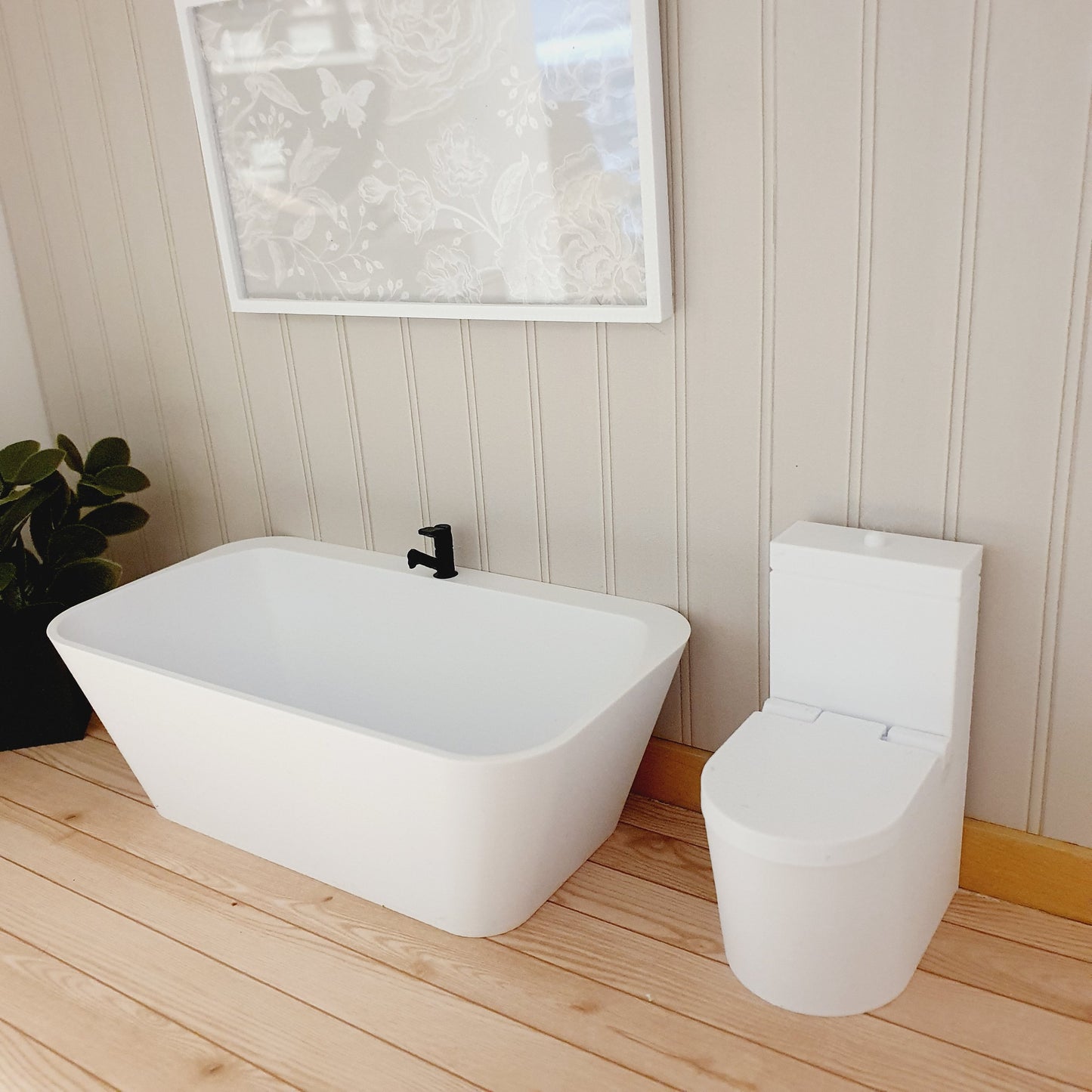 Dolls House White Modern Full Bathroom Set, Bath, Vanity with double sinks, Toilet, Mirror & Soap Pump, 1:12th scale, miniature set