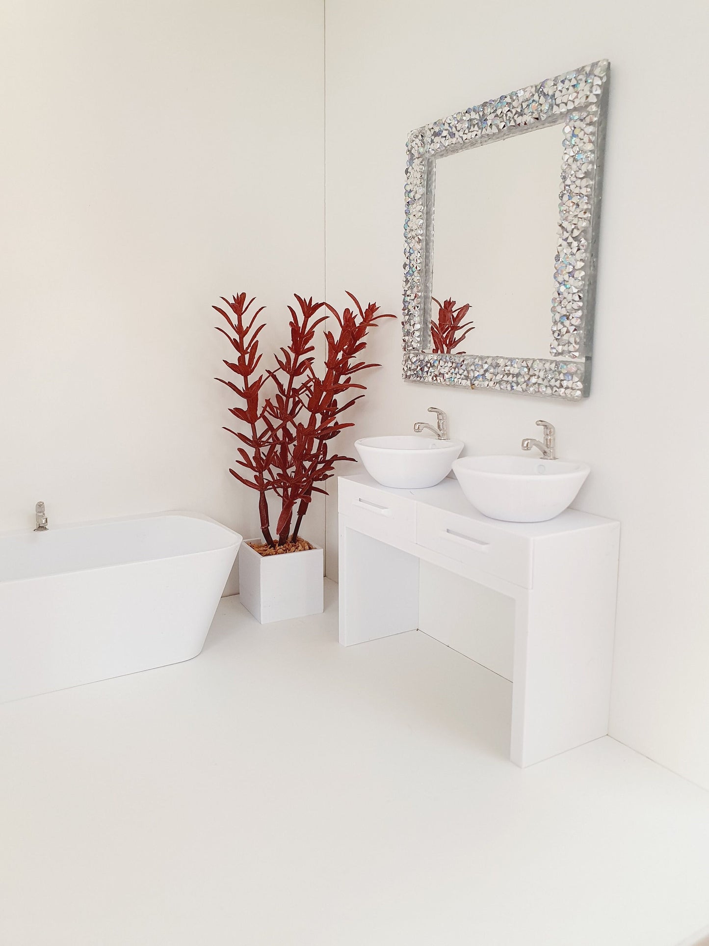 Dolls House Modern Vanity Stand with 2x Opening Drawers, with 2x White Round or Square Sink 1:12th Scale, Miniature Vanity Unit (VA-DT)