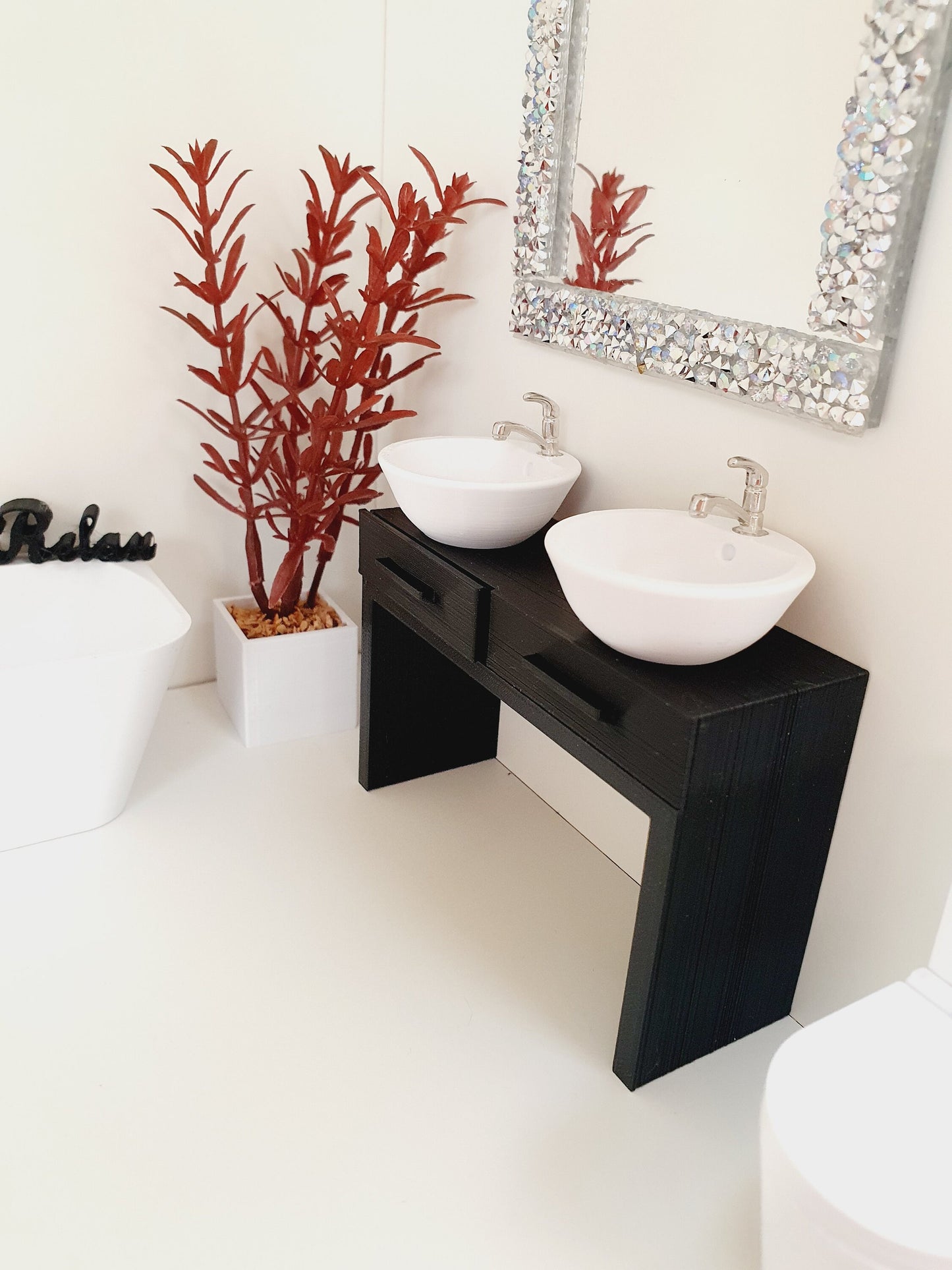 Dolls House Modern Vanity Stand with 2x Opening Drawers, with 2x White Round or Square Sink 1:12th Scale, Miniature Vanity Unit (VA-DT)