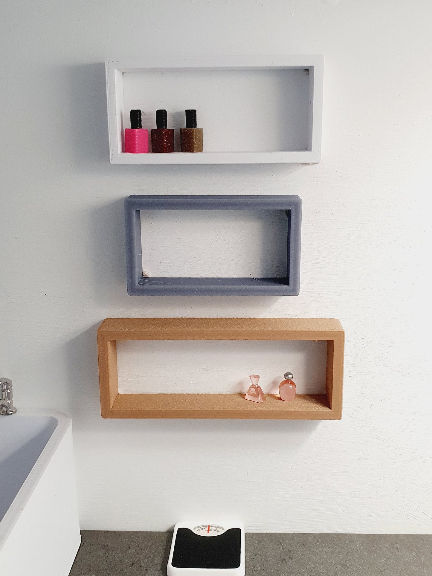 Dolls House Modern Wall Shelves | Set of 3 | White, Light Grey & Wood Effect | 1:12 Scale Miniature