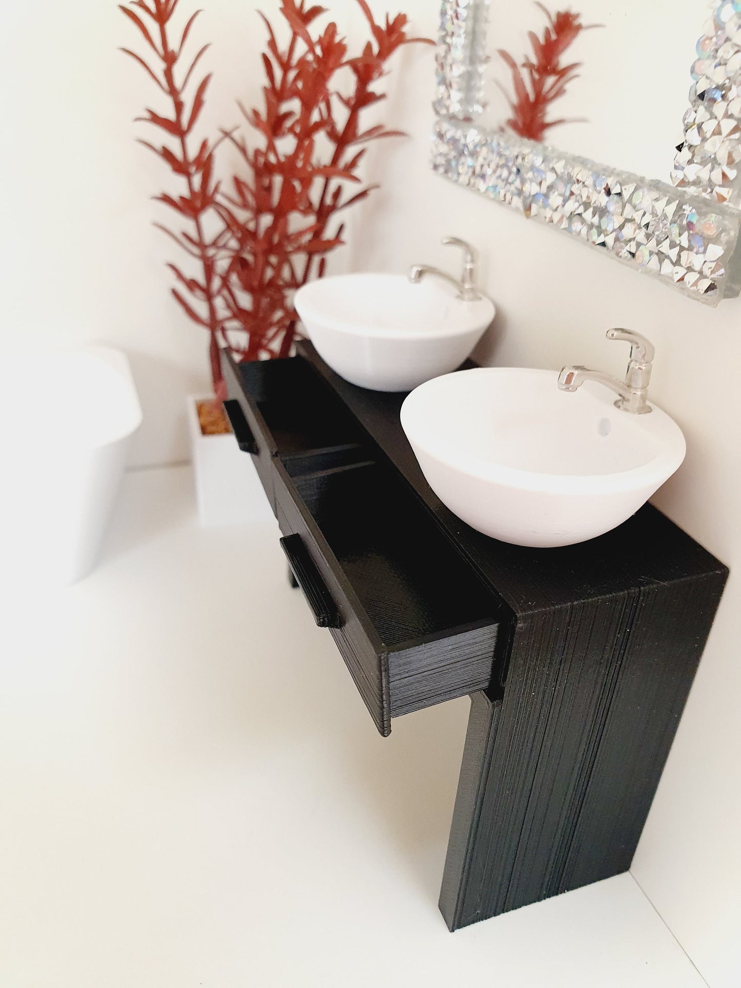 Dolls House Modern Vanity Stand with 2x Opening Drawers, with 2x White Round or Square Sink 1:12th Scale, Miniature Vanity Unit (VA-DT)