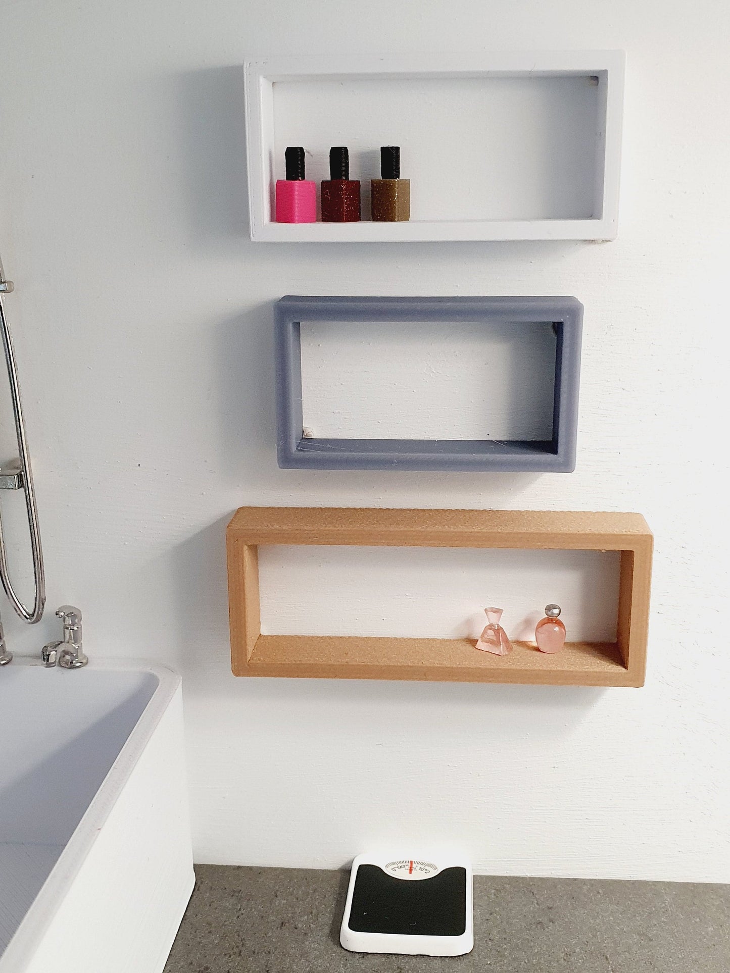 Dolls House Modern Wall Shelves | Set of 3 | White, Light Grey & Wood Effect | 1:12 Scale Miniature