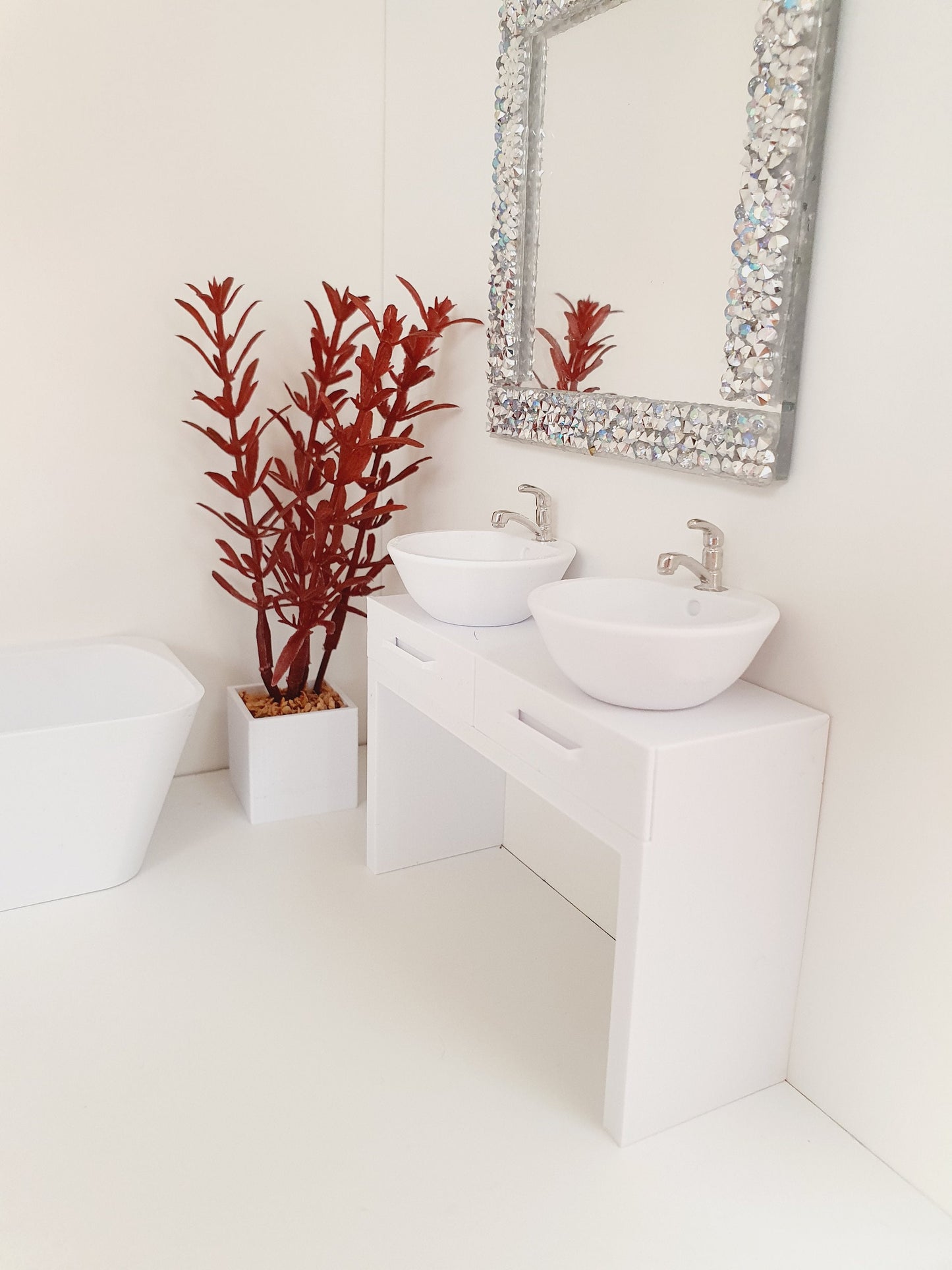 Dolls House Modern Vanity Stand with 2x Opening Drawers, with 2x White Round or Square Sink 1:12th Scale, Miniature Vanity Unit (VA-DT)