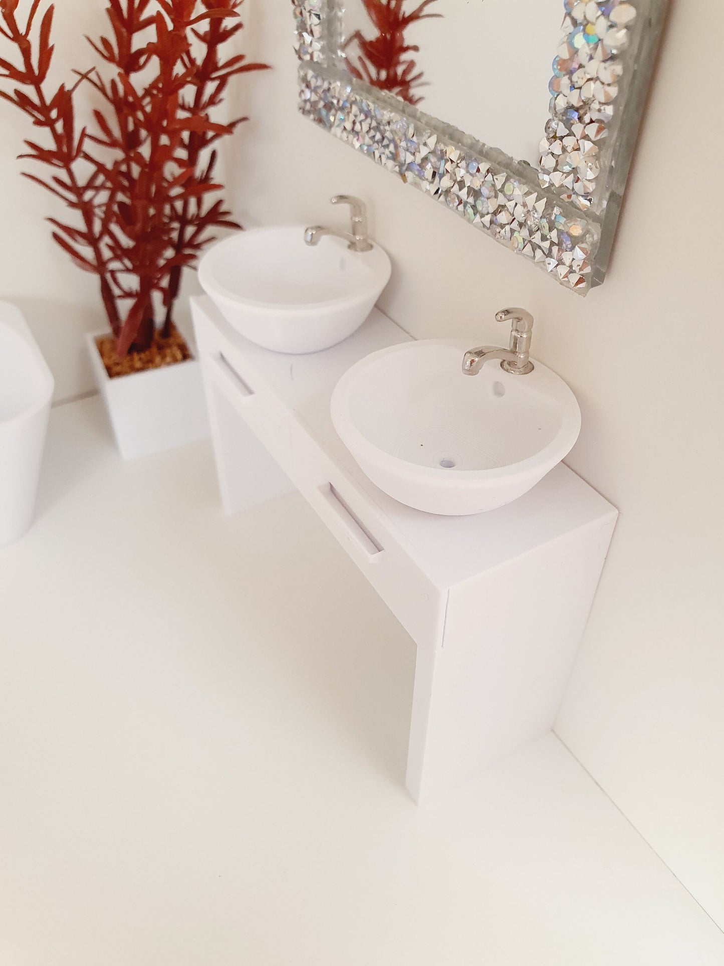 Dolls House Modern Vanity Stand with 2x Opening Drawers, with 2x White Round or Square Sink 1:12th Scale, Miniature Vanity Unit (VA-DT)