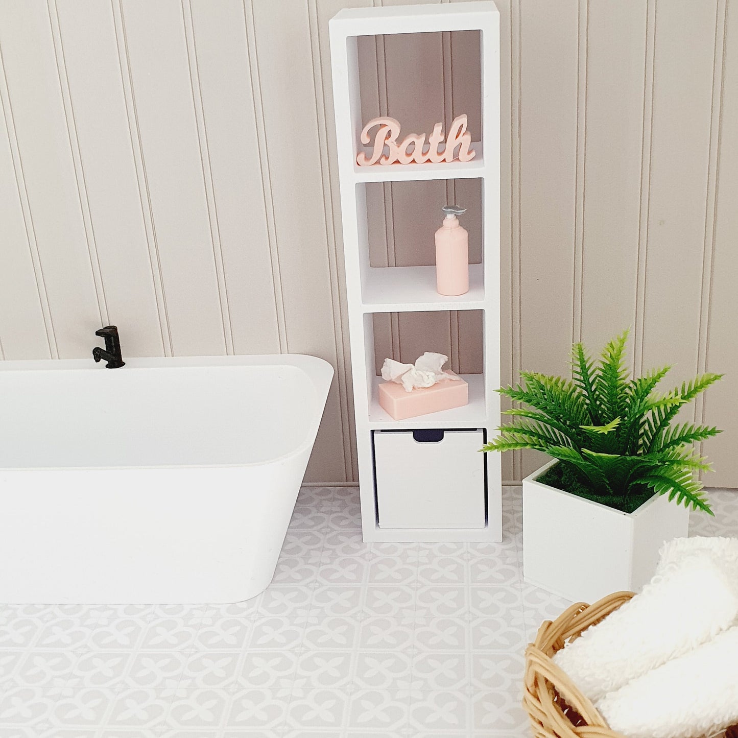 Dolls House Modern Bathroom Shelf Unit with 1 Storage Box, 1:12th Scale, Miniature shelf, Choice of Colours