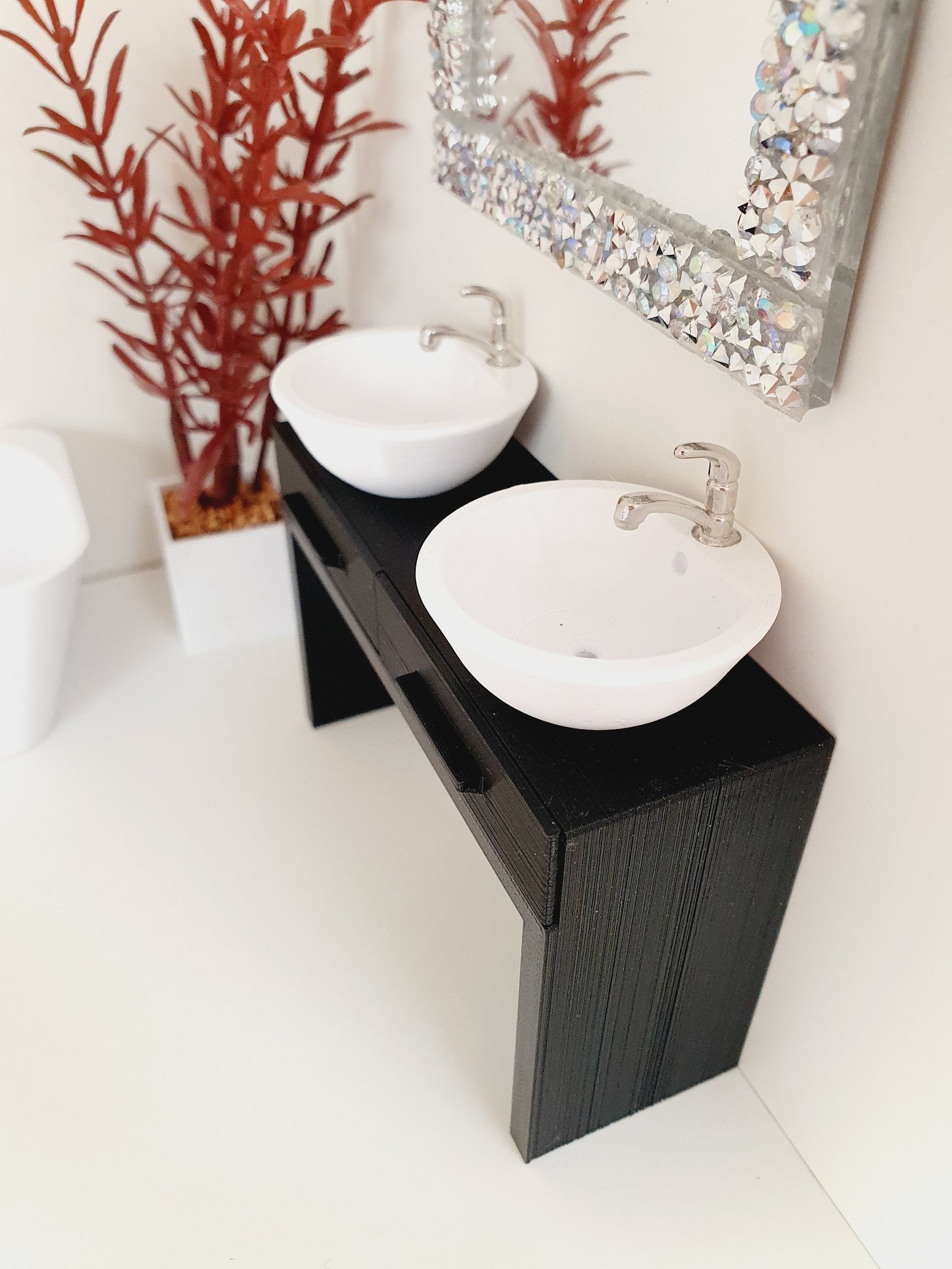 Dolls House Modern Vanity Stand with 2x Opening Drawers, with 2x White Round or Square Sink 1:12th Scale, Miniature Vanity Unit (VA-DT)