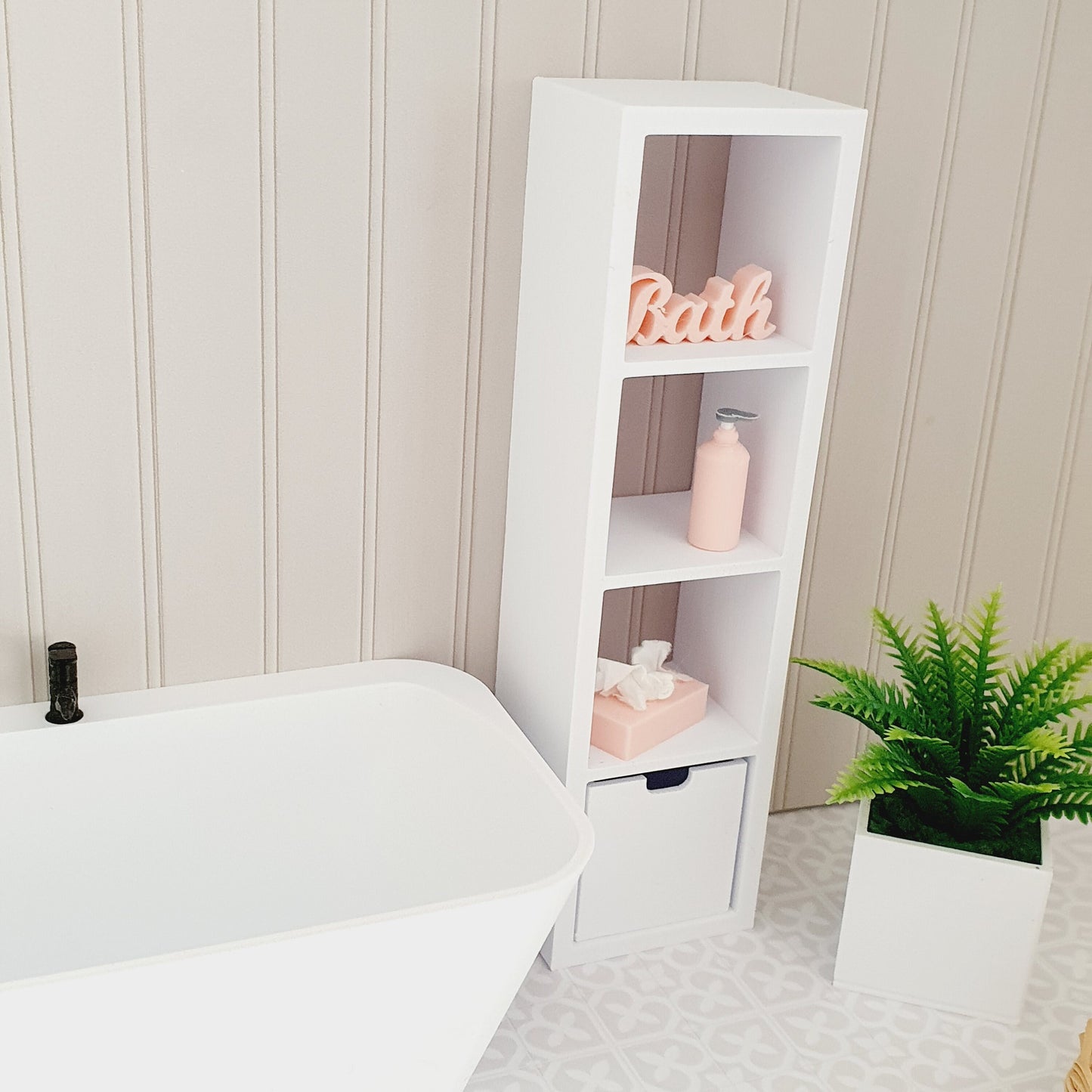 Dolls House Modern Bathroom Shelf Unit with 1 Storage Box, 1:12th Scale, Miniature shelf, Choice of Colours