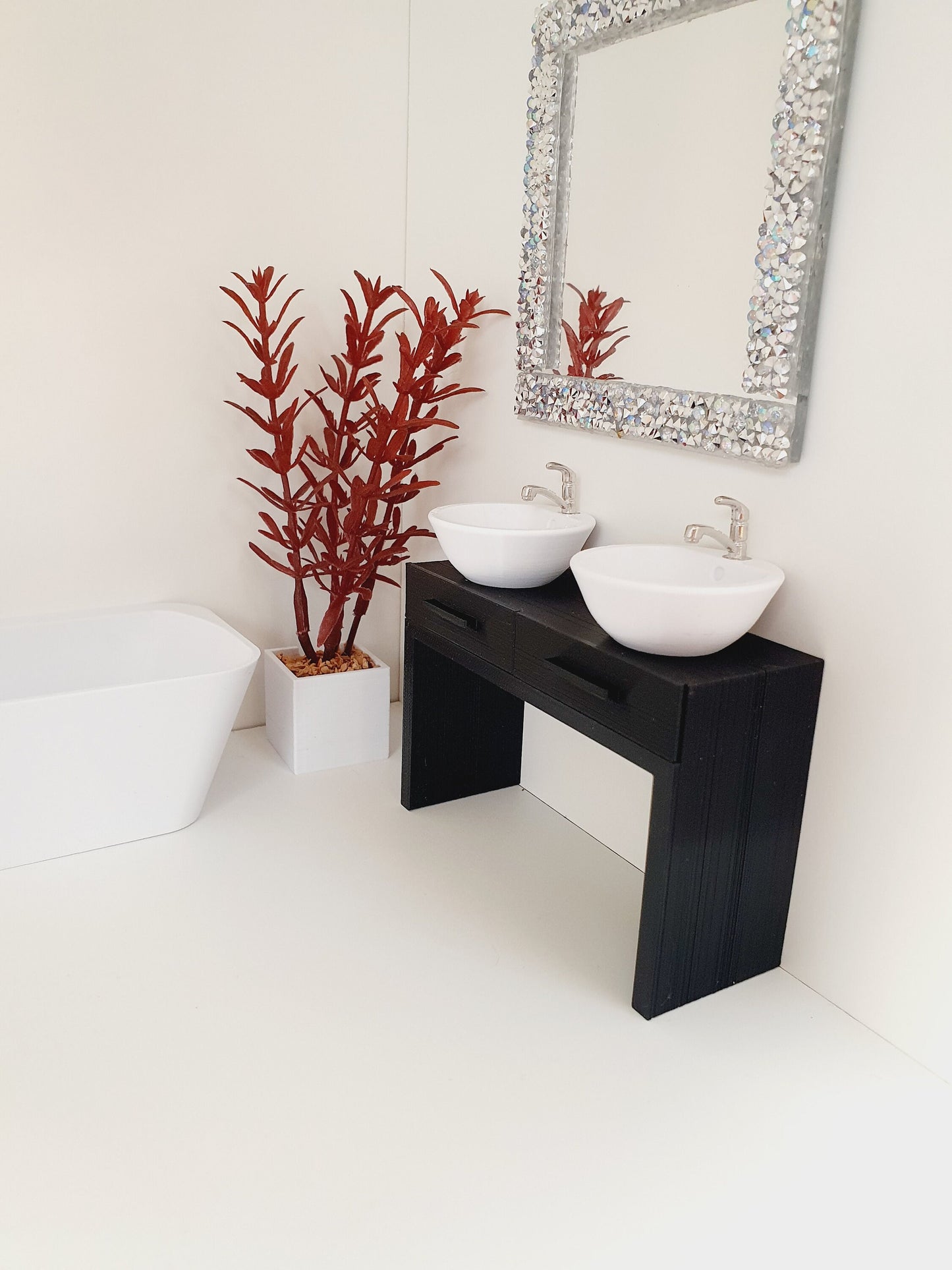 Dolls House Modern Vanity Stand with 2x Opening Drawers, with 2x White Round or Square Sink 1:12th Scale, Miniature Vanity Unit (VA-DT)