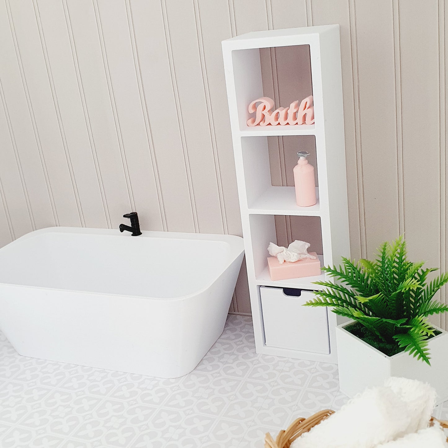 Dolls House Modern Bathroom Shelf Unit with 1 Storage Box, 1:12th Scale, Miniature shelf, Choice of Colours