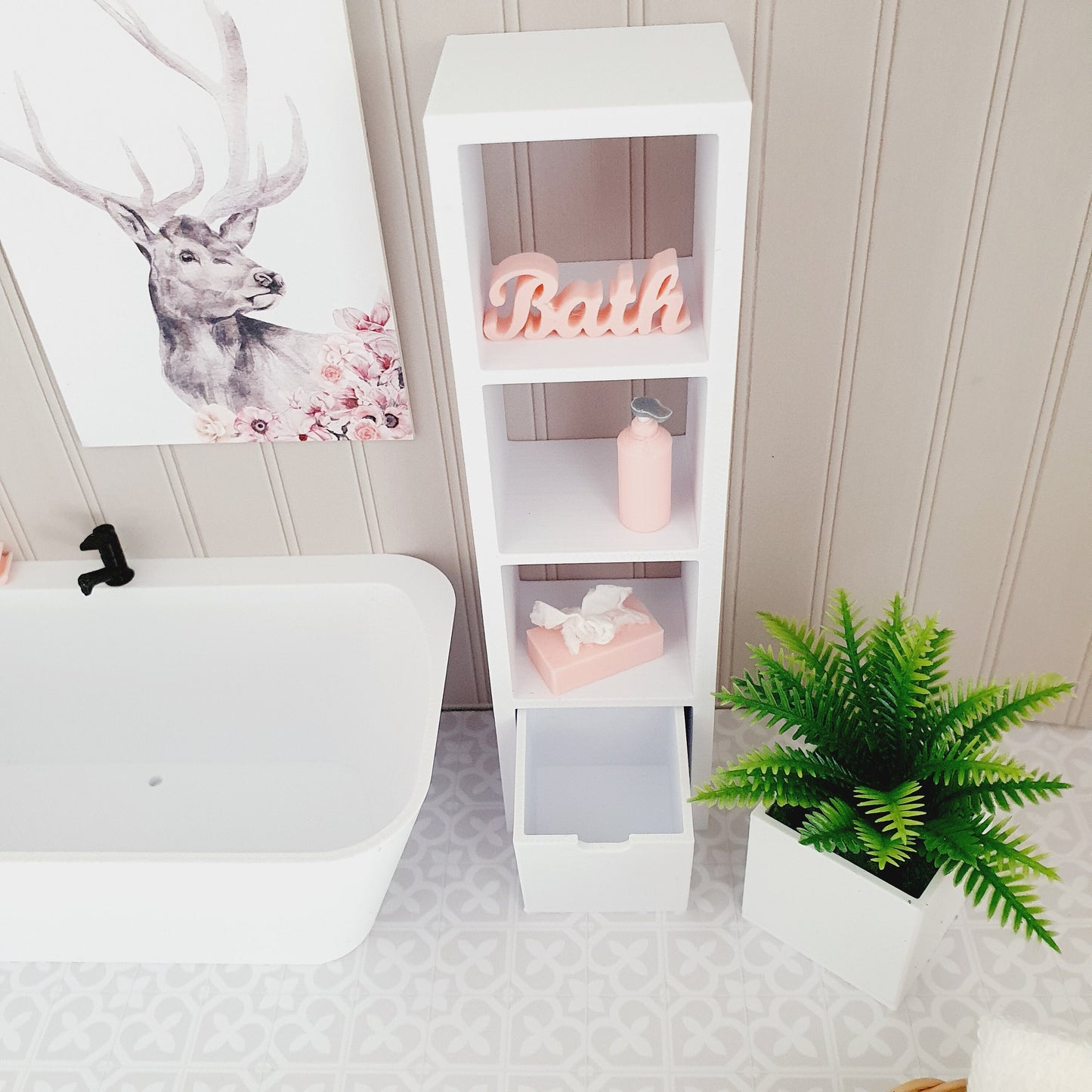 Dolls House Modern Bathroom Shelf Unit with 1 Storage Box, 1:12th Scale, Miniature shelf, Choice of Colours