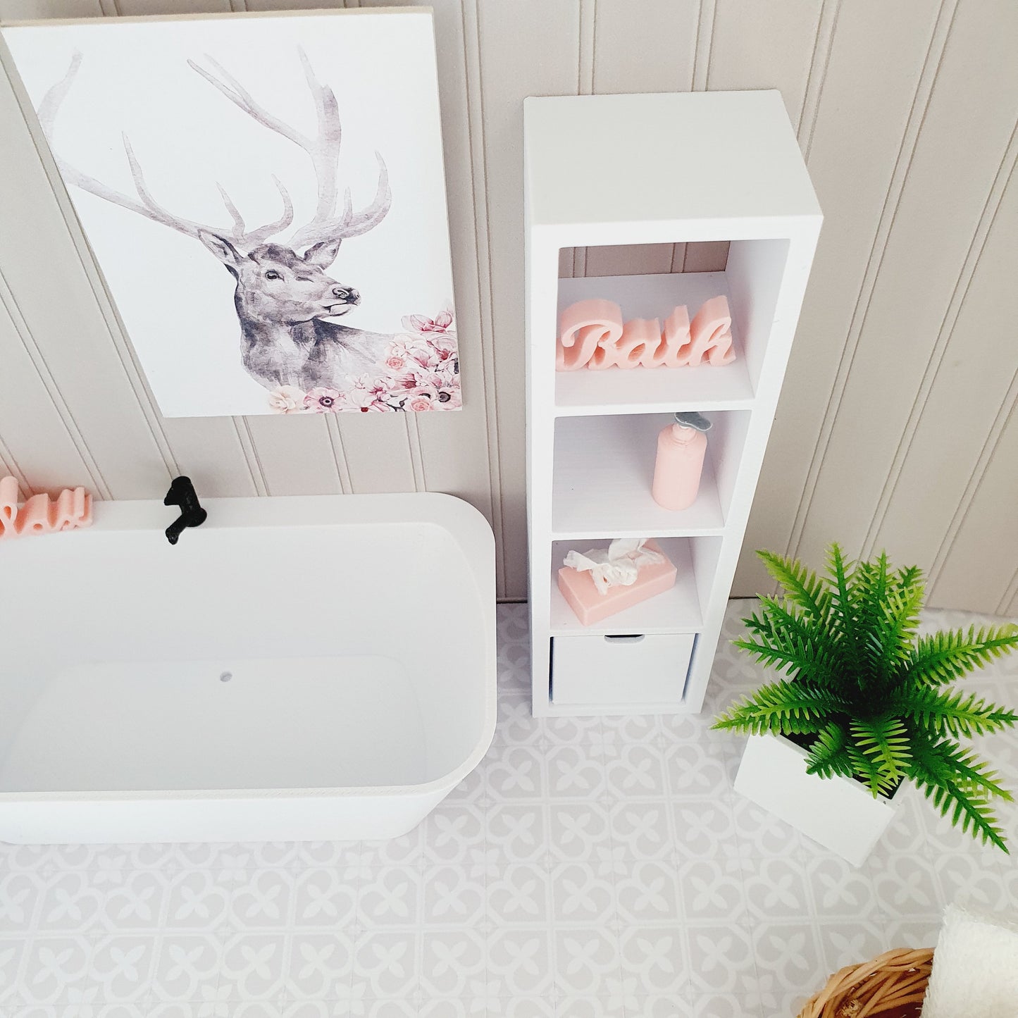 Dolls House Modern Bathroom Shelf Unit with 1 Storage Box, 1:12th Scale, Miniature shelf, Choice of Colours