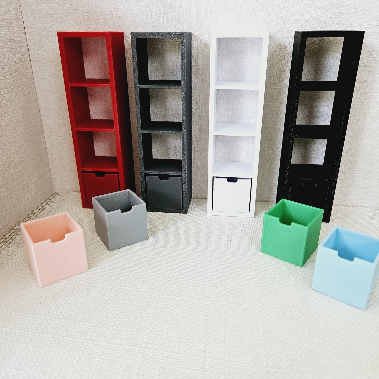 Dolls House Modern Bathroom Shelf Unit with 1 Storage Box, 1:12th Scale, Miniature shelf, Choice of Colours