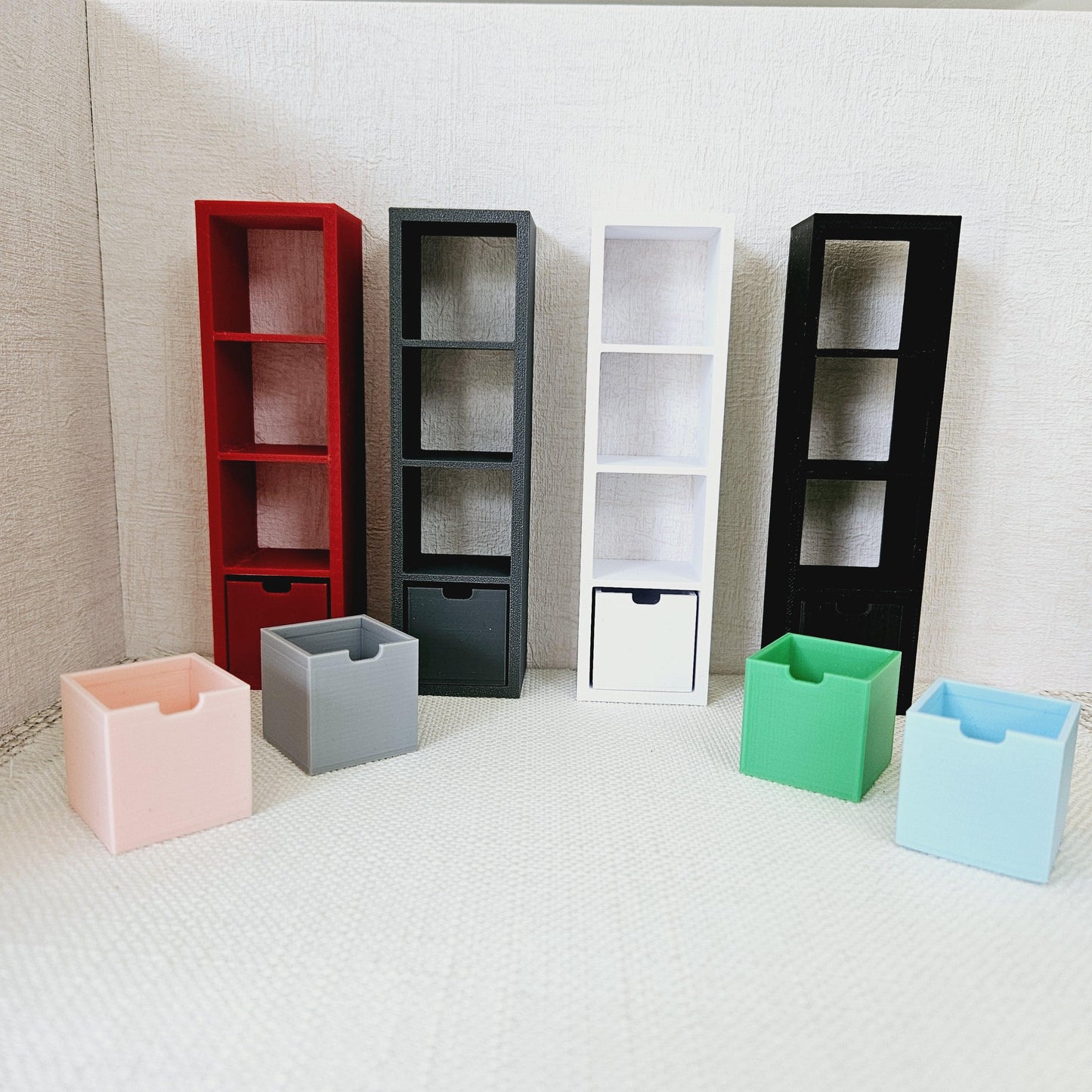 Dolls House Modern Bathroom Shelf Unit with 1 Storage Box, 1:12th Scale, Miniature shelf, Choice of Colours