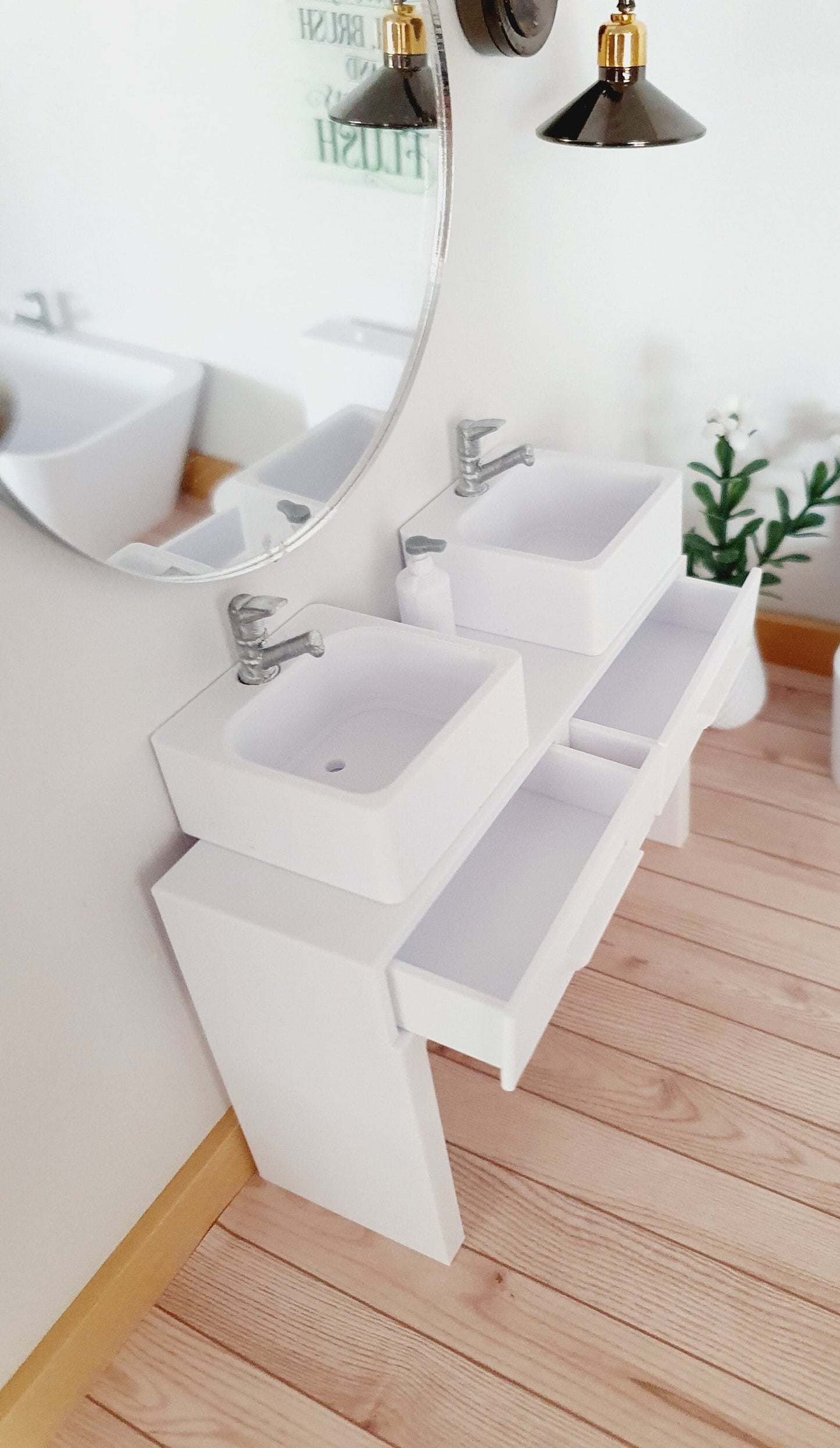 Dolls House Modern Bathroom Set, Bath, Vanity with double sinks, Toilet, soap pump & mirror, 1:12th scale, miniature set