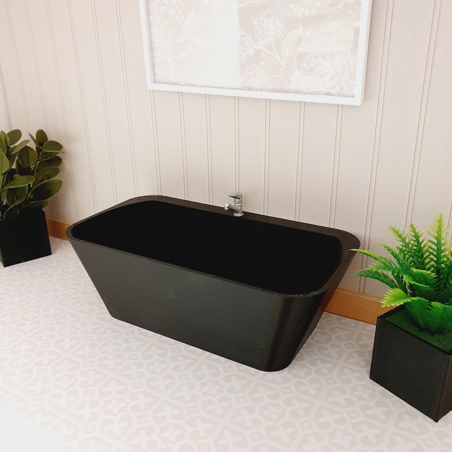 Dolls House Modern Black Bath with chrome tap, 1:12th Scale, Miniature Freestanding bath (BATH3)