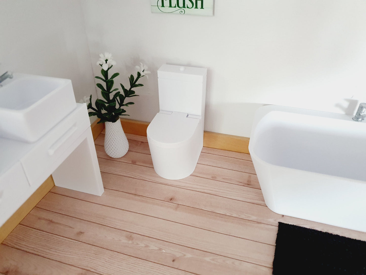 Dolls House Modern Bathroom Set, Bath, Vanity with double sinks, Toilet, soap pump & mirror, 1:12th scale, miniature set