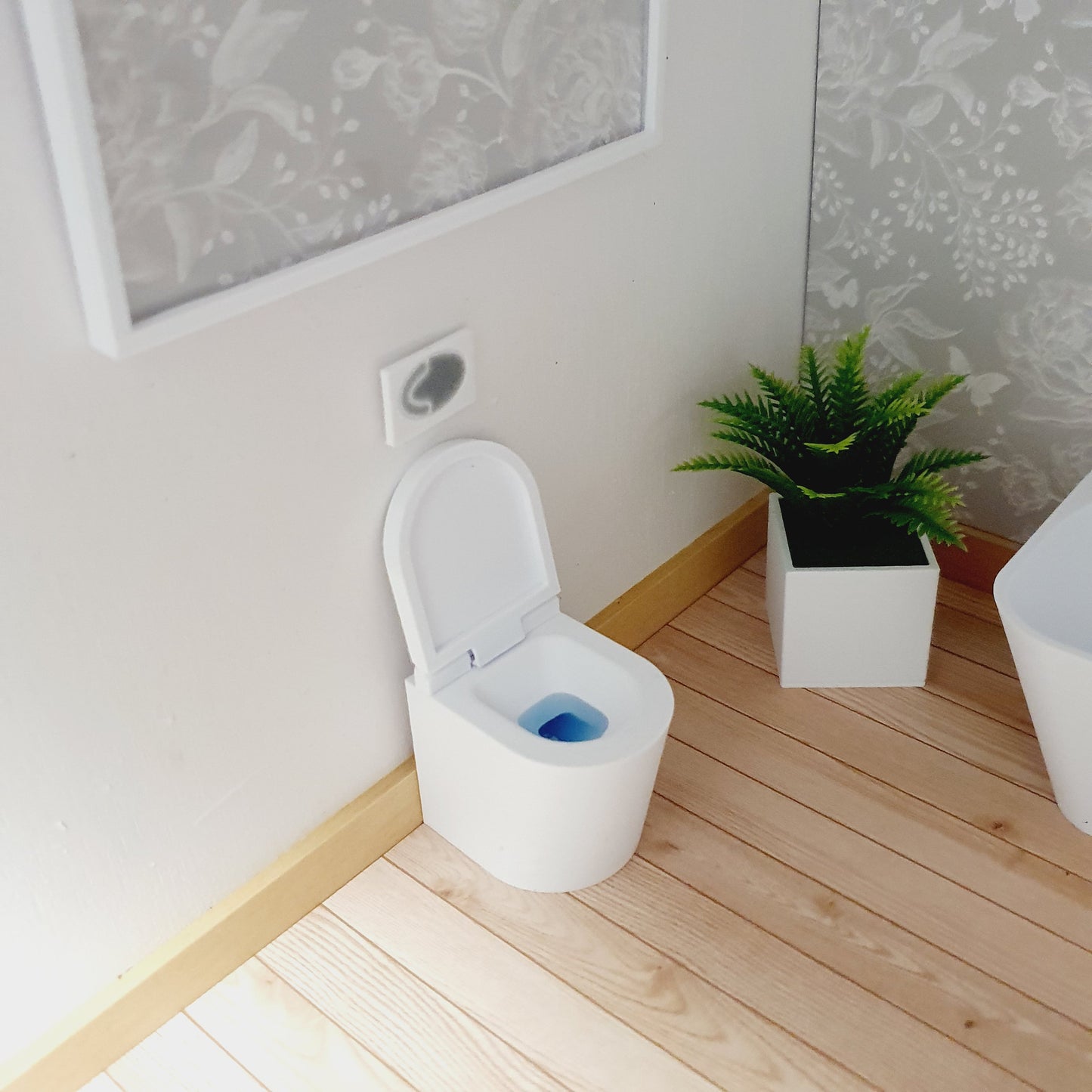 Dolls House Modern Back to Wall Toilet | Hinged Lid & Blue Cleaner | 1:12 Scale Miniature