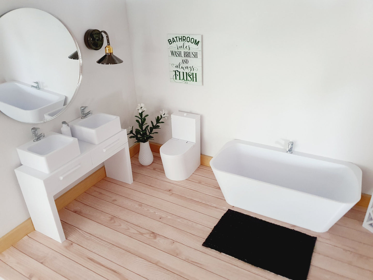 Dolls House Modern Bathroom Set, Bath, Vanity with double sinks, Toilet, soap pump & mirror, 1:12th scale, miniature set