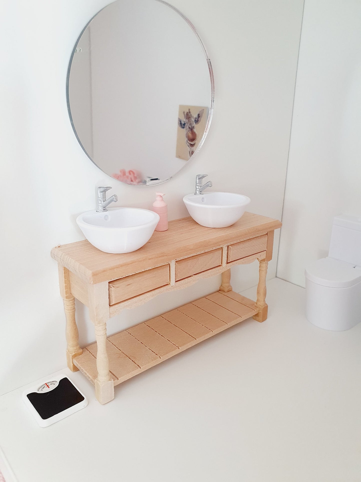 Dolls House Modern Wooden Vanity Stand with 2x White Square Sinks 1:12th Scale, Miniature Vanity Unit (VAW-2)