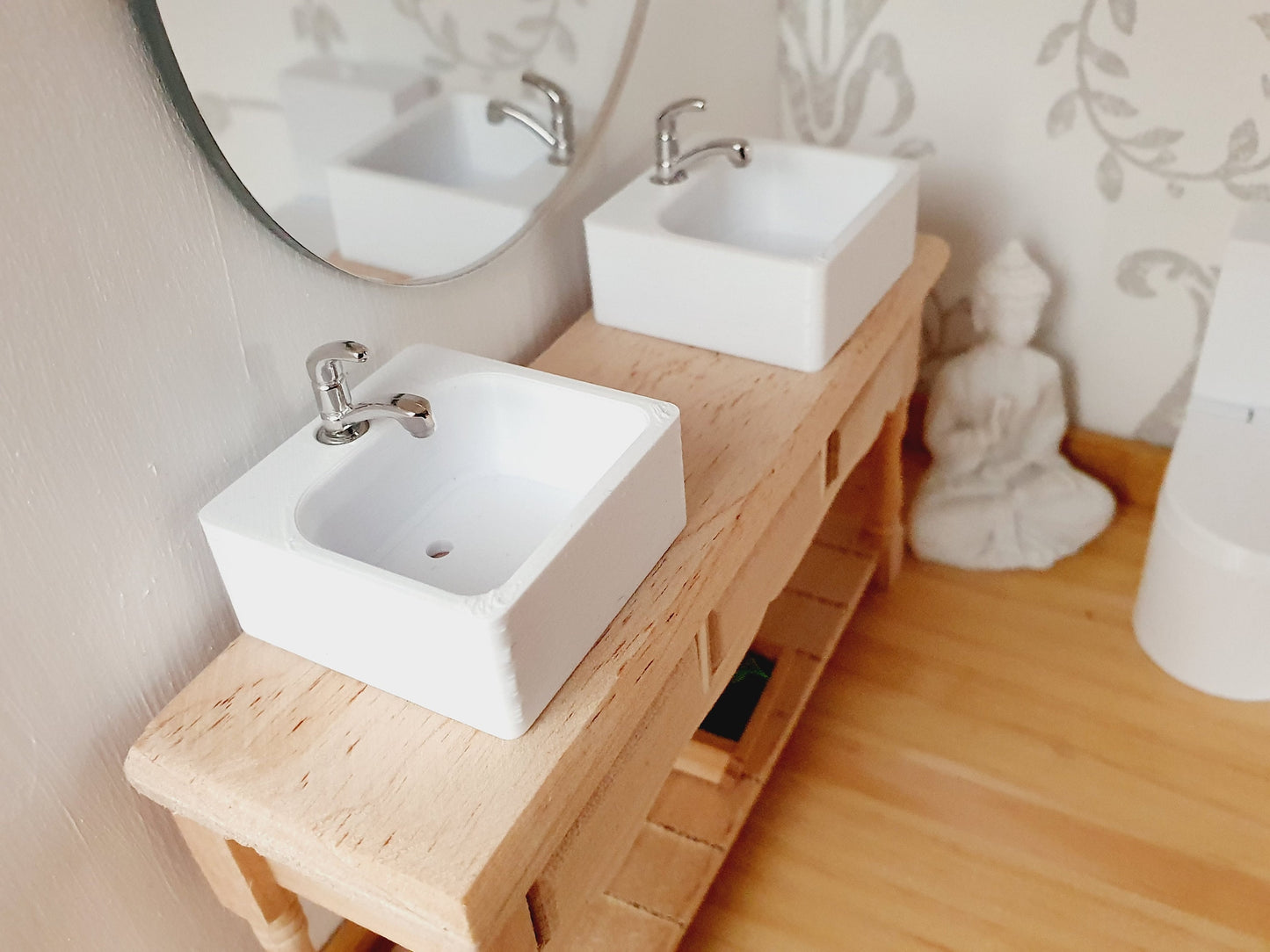 Dolls House Modern Wooden Vanity Stand with 2x White Square Sinks 1:12th Scale, Miniature Vanity Unit (VAW-2)