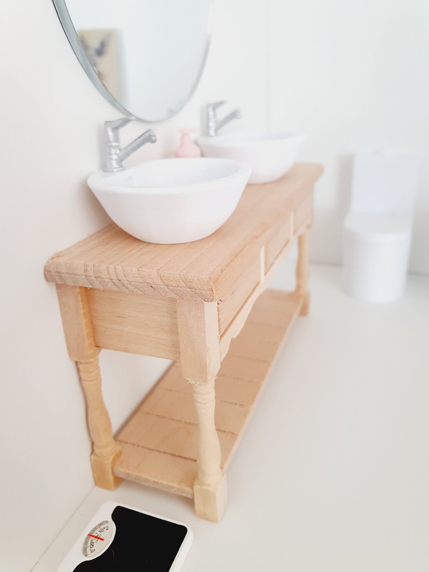 Dolls House Modern Wooden Vanity Stand with 2x White Square Sinks 1:12th Scale, Miniature Vanity Unit (VAW-2)