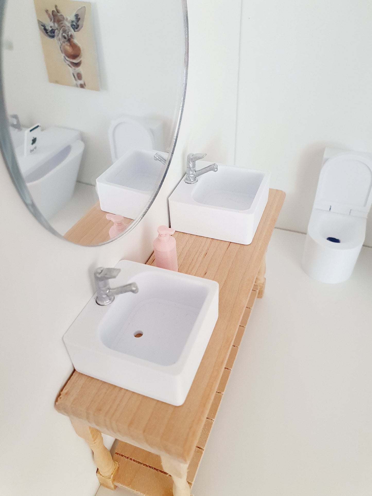 Dolls House Modern Wooden Vanity Stand with 2x White Square Sinks 1:12th Scale, Miniature Vanity Unit (VAW-2)