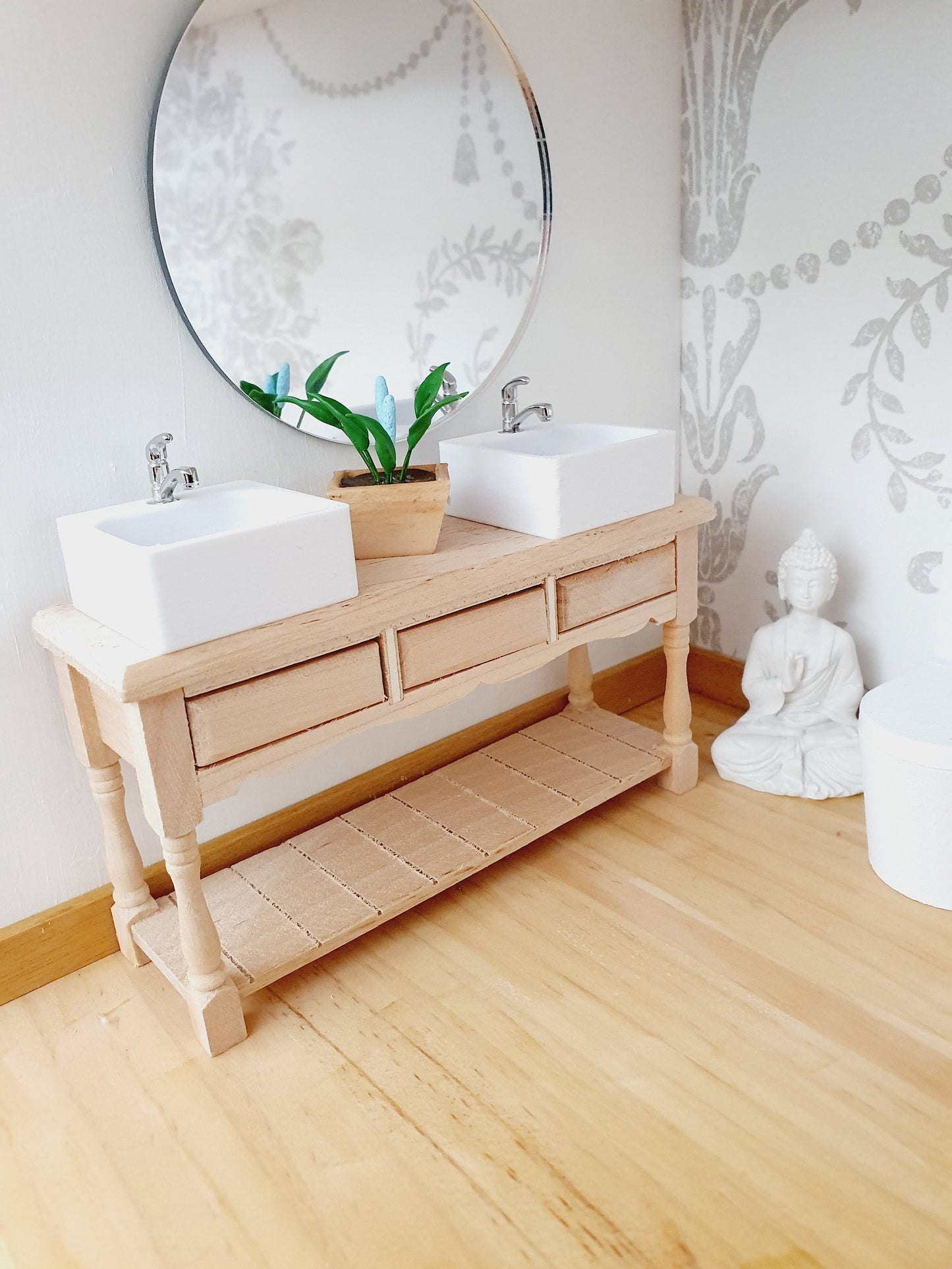Dolls House Modern Wooden Vanity Stand with 2x White Square Sinks 1:12th Scale, Miniature Vanity Unit (VAW-2)