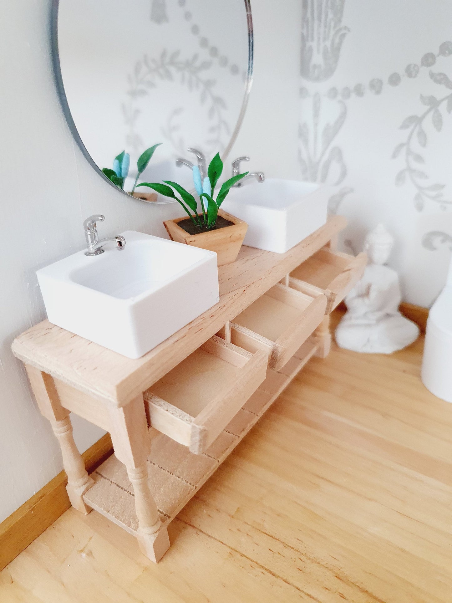 Dolls House Modern Wooden Vanity Stand with 2x White Square Sinks 1:12th Scale, Miniature Vanity Unit (VAW-2)