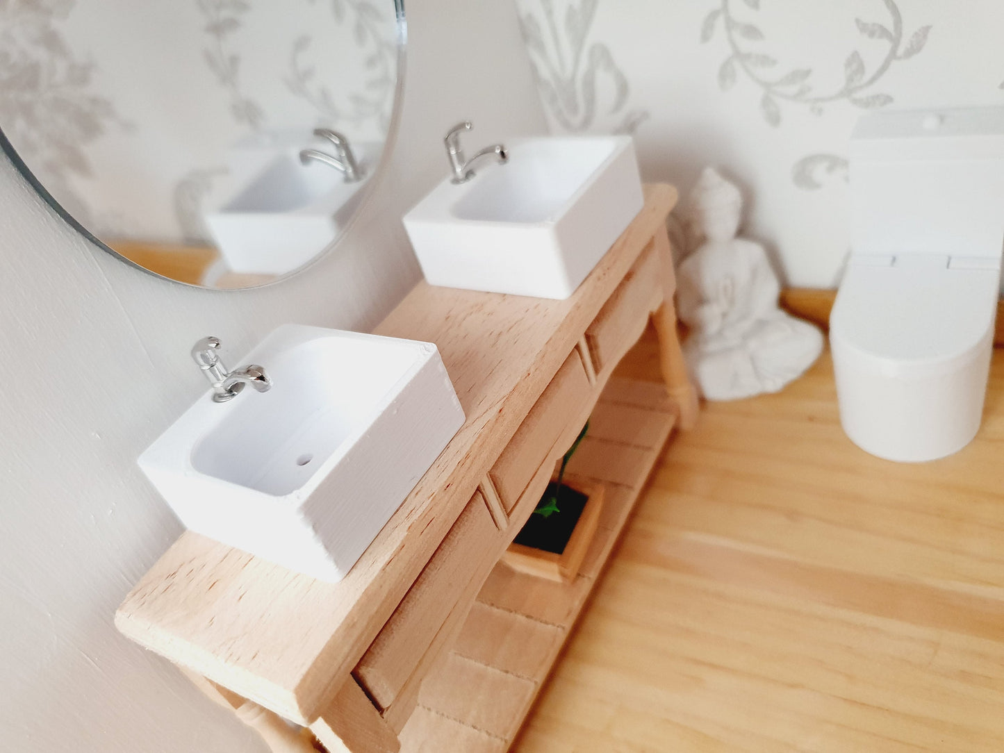 Dolls House Modern Wooden Vanity Stand with 2x White Square Sinks 1:12th Scale, Miniature Vanity Unit (VAW-2)