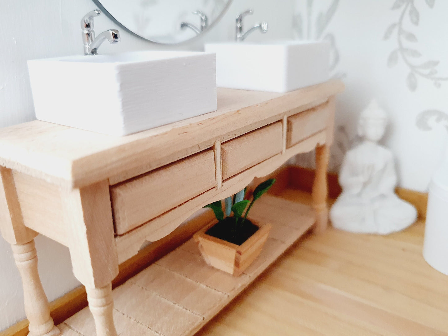 Dolls House Modern Wooden Vanity Stand with 2x White Square Sinks 1:12th Scale, Miniature Vanity Unit (VAW-2)
