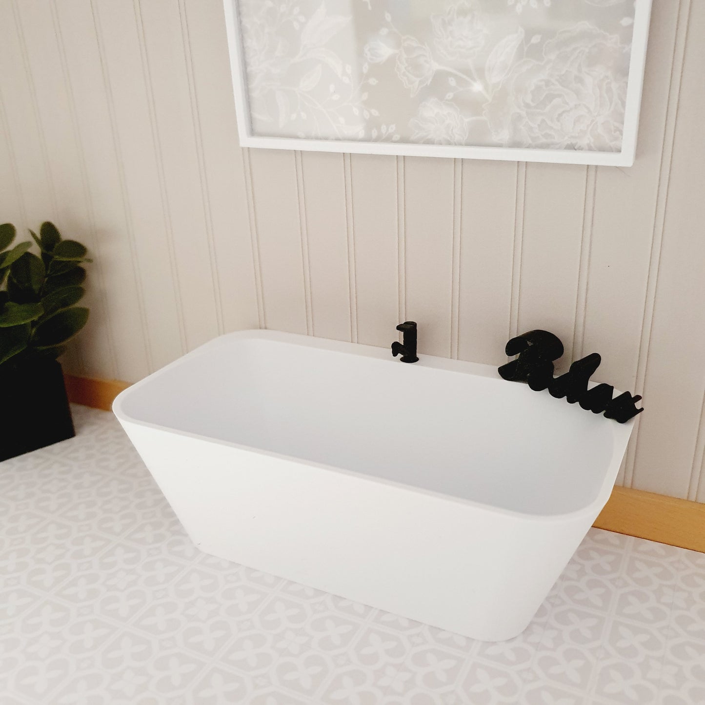 Dolls House Modern White Bath with black tap, 1:12th Scale, Miniature Freestanding bath (BATH3)