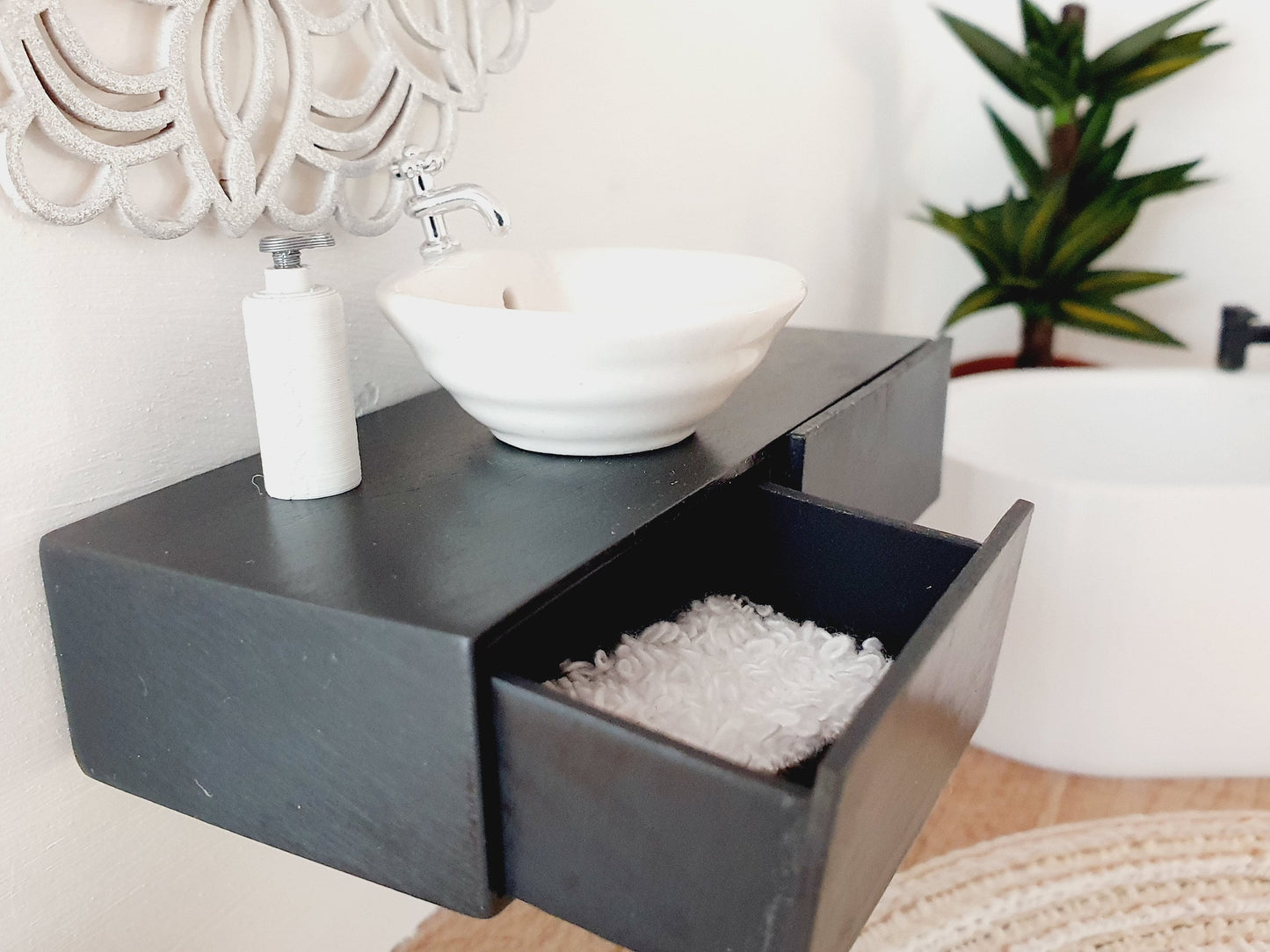 Dolls House Modern Black or Dark Grey Bathroom Vanity with White Round or Square Sink with Silver Tap 1:12th Scale, Miniature (FVA-2)