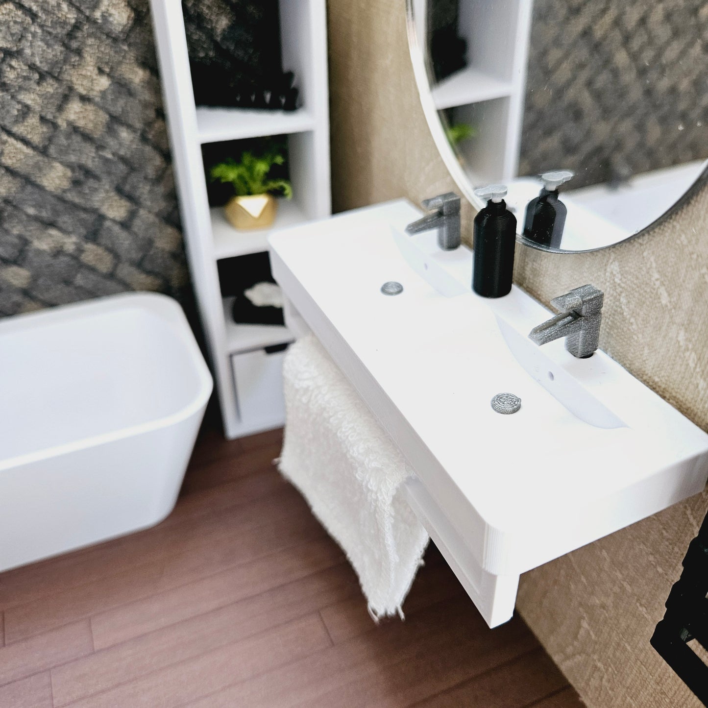 Dolls House Modern Double sink vanity with towel rail, Bathroom Vanity, 1:12th Scale, Miniature sink