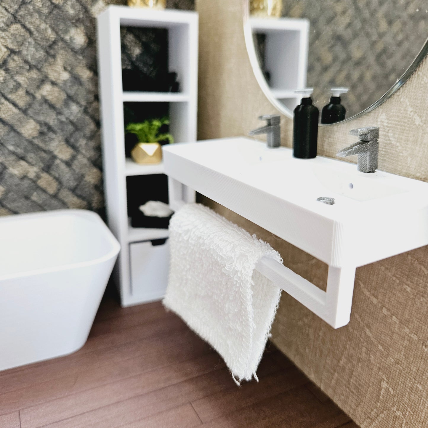 Dolls House Modern Double sink vanity with towel rail, Bathroom Vanity, 1:12th Scale, Miniature sink