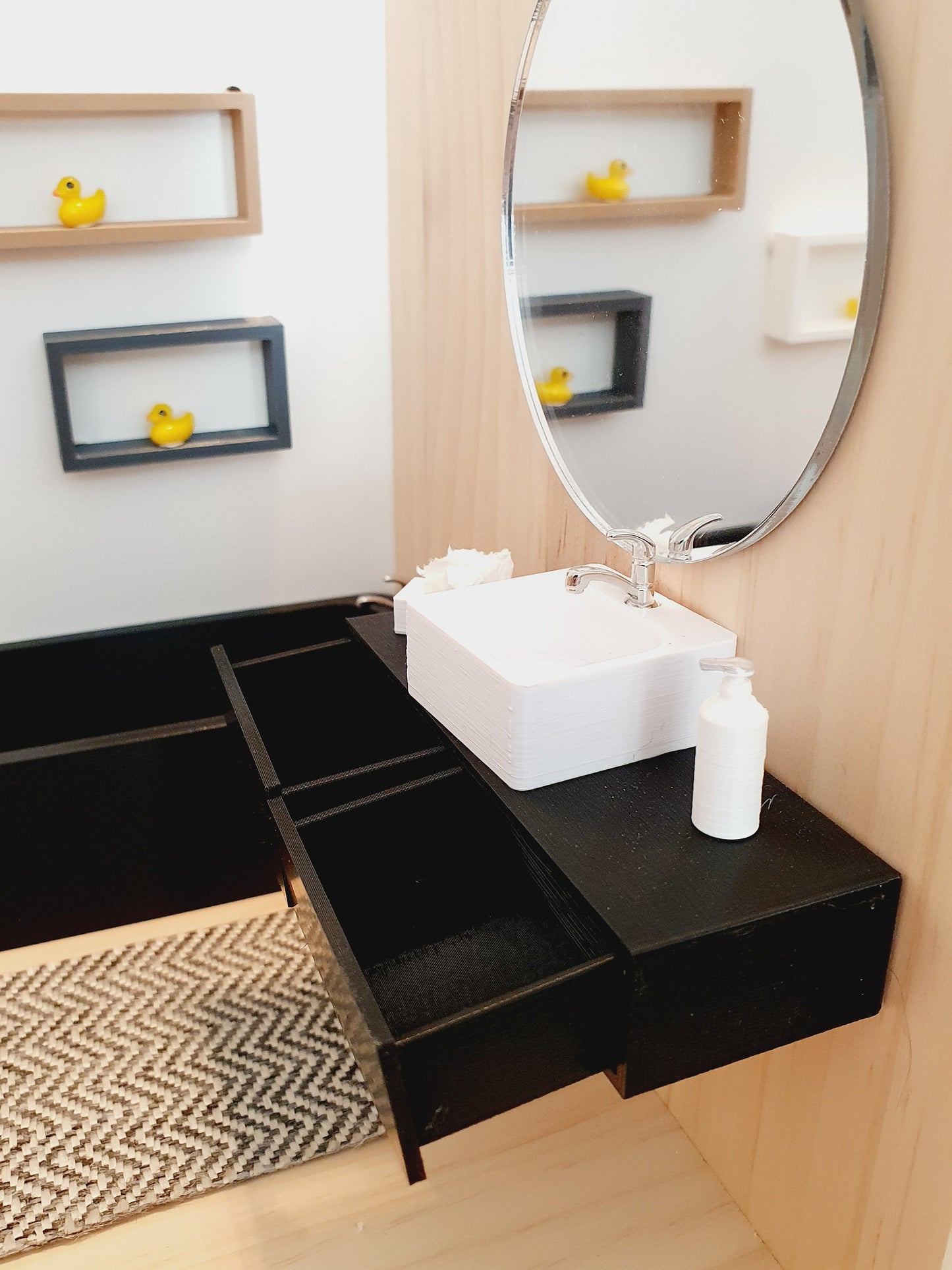 Dolls House Modern Black or Dark Grey Bathroom Vanity with White Round or Square Sink with Silver Tap 1:12th Scale, Miniature (FVA-2)