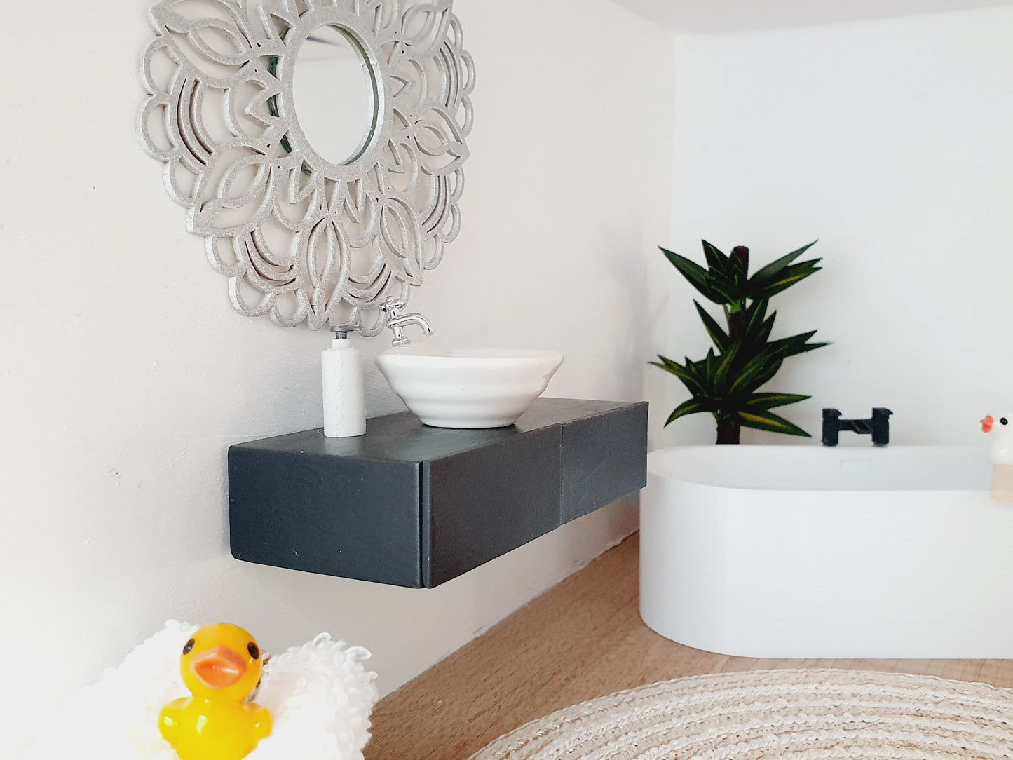 Dolls House Modern Black or Dark Grey Bathroom Vanity with White Round or Square Sink with Silver Tap 1:12th Scale, Miniature (FVA-2)