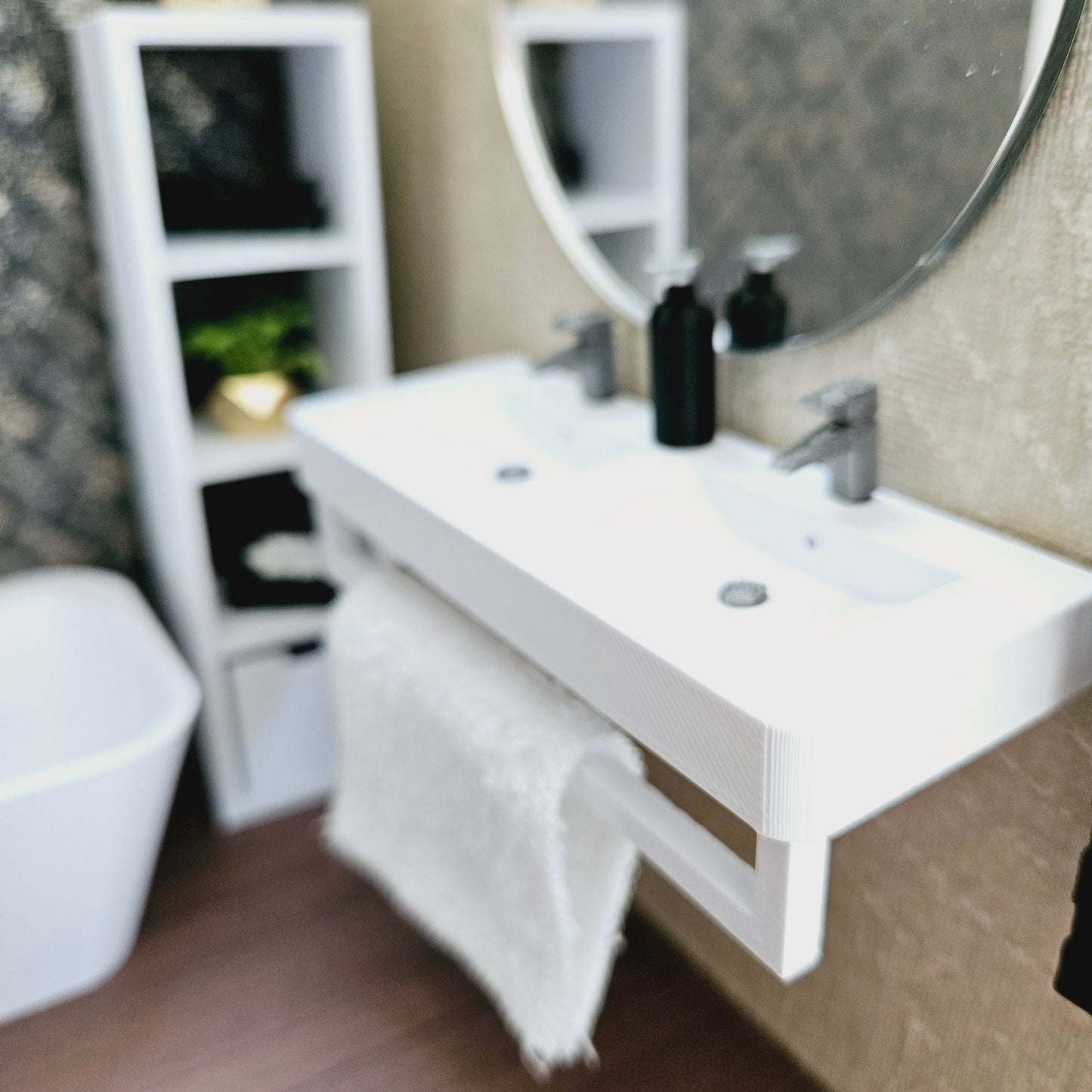Dolls House Modern Double sink vanity with towel rail, Bathroom Vanity, 1:12th Scale, Miniature sink