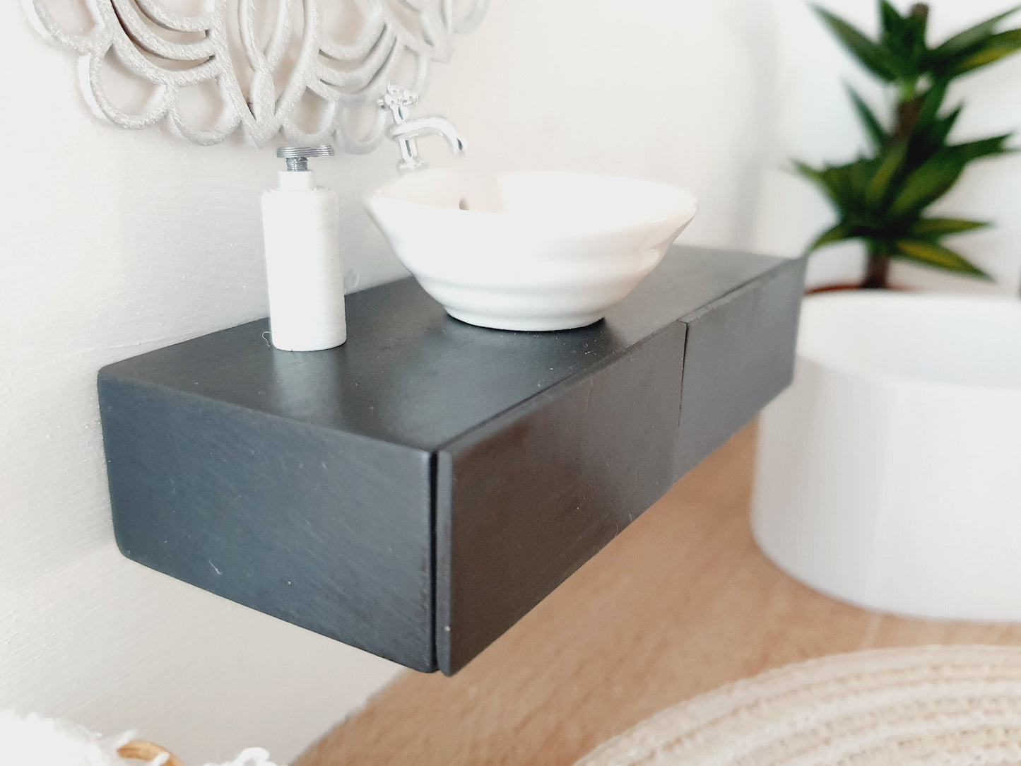 Dolls House Modern Black or Dark Grey Bathroom Vanity with White Round or Square Sink with Silver Tap 1:12th Scale, Miniature (FVA-2)