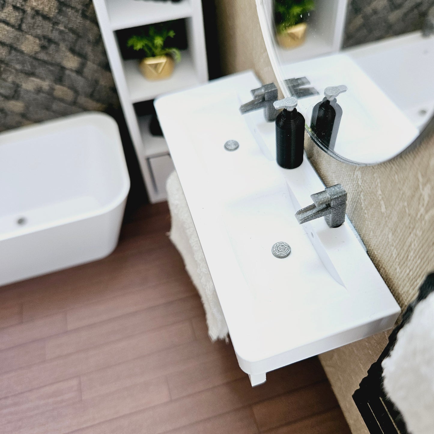 Dolls House Modern Double sink vanity with towel rail, Bathroom Vanity, 1:12th Scale, Miniature sink