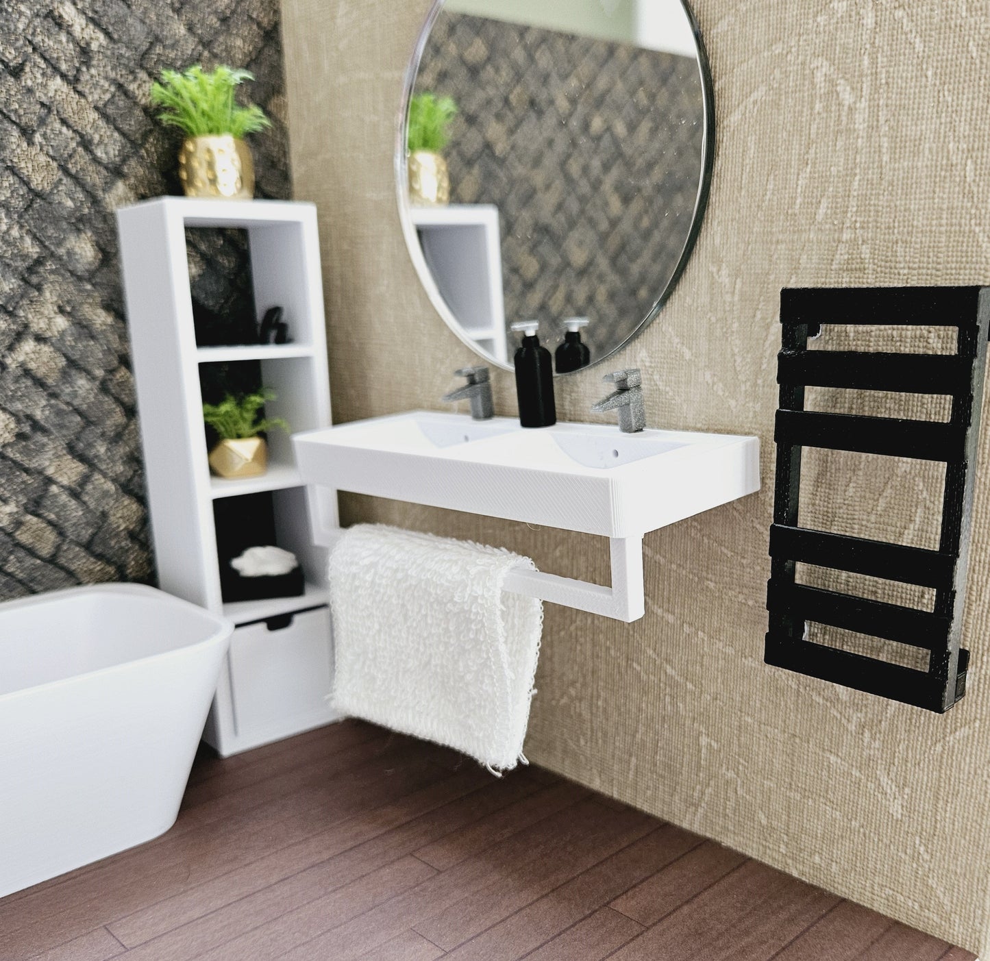 Dolls House Modern Double sink vanity with towel rail, Bathroom Vanity, 1:12th Scale, Miniature sink