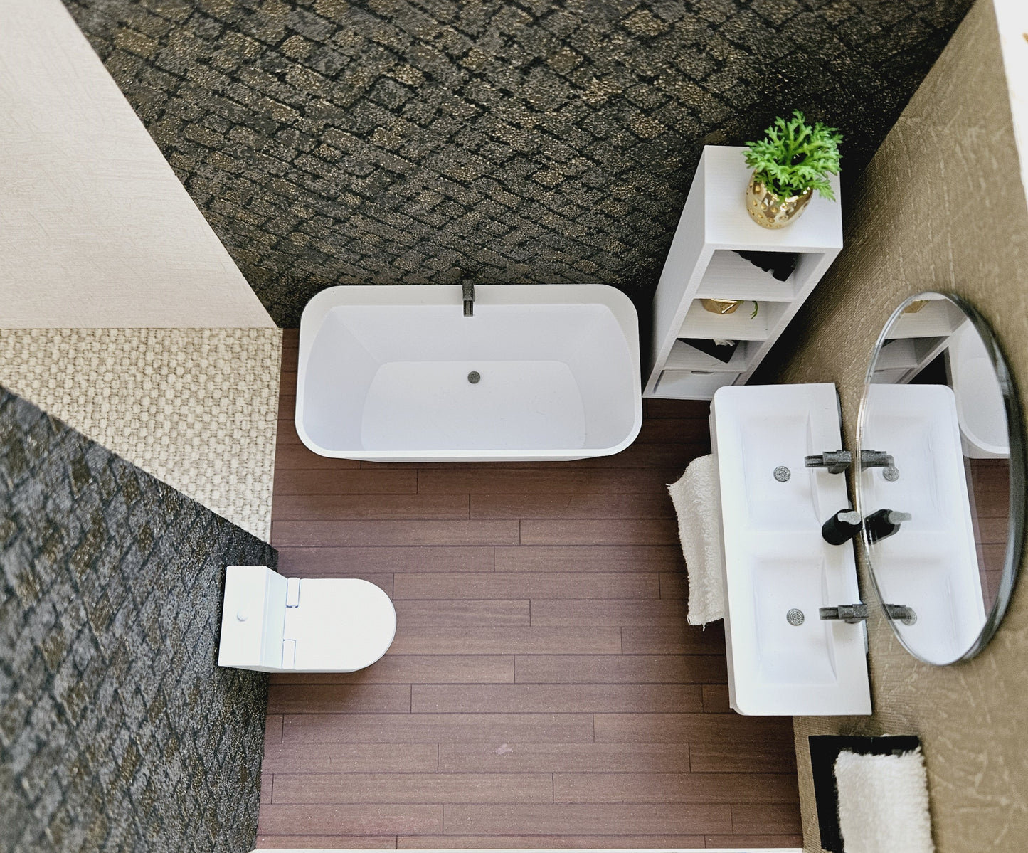 Dolls House Modern Double sink vanity with towel rail, Bathroom Vanity, 1:12th Scale, Miniature sink