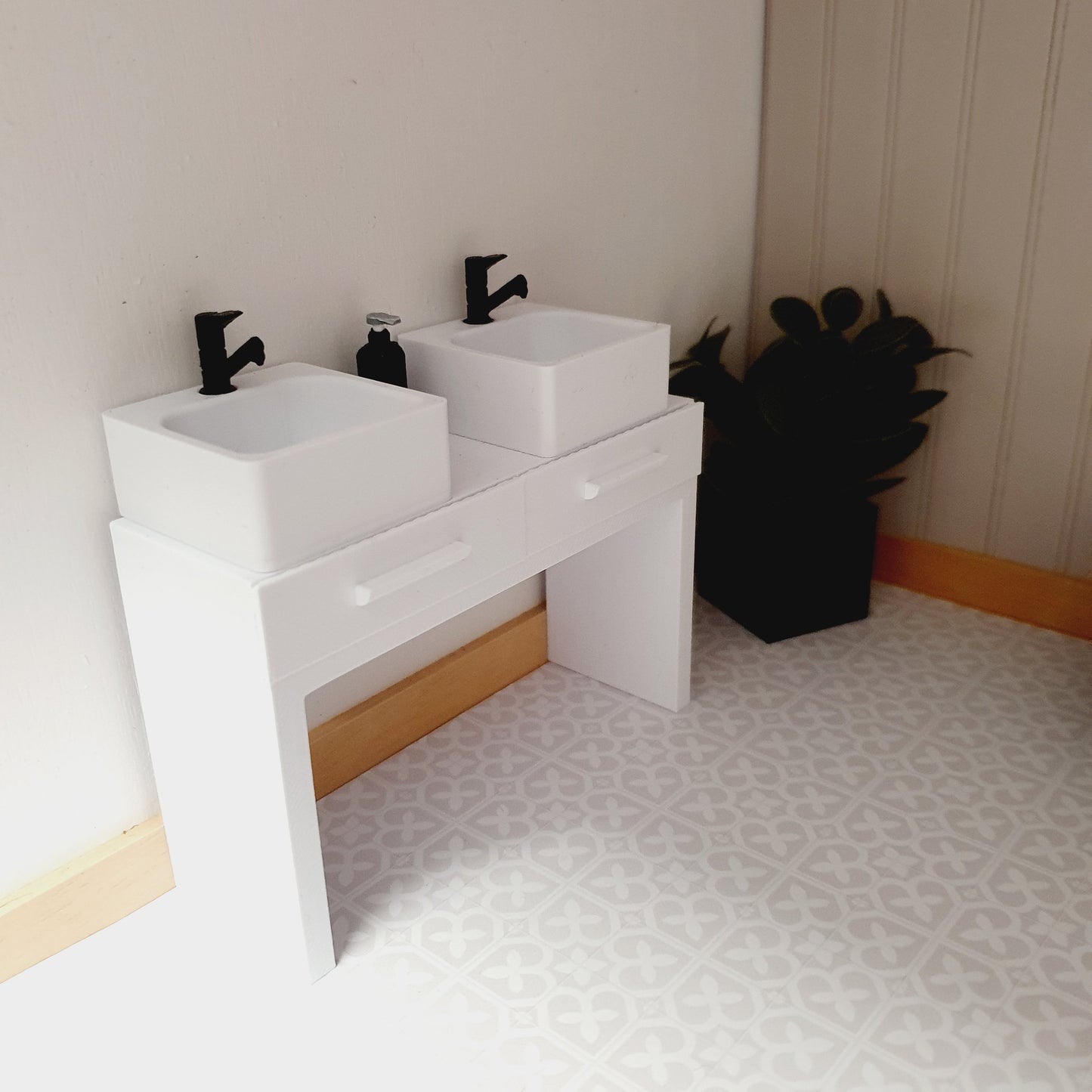 Dolls House Modern Vanity Stand, 2x Opening Drawers with 2x White Round or Square Sink with black taps 1:12th Scale, Miniature (VA-DT)