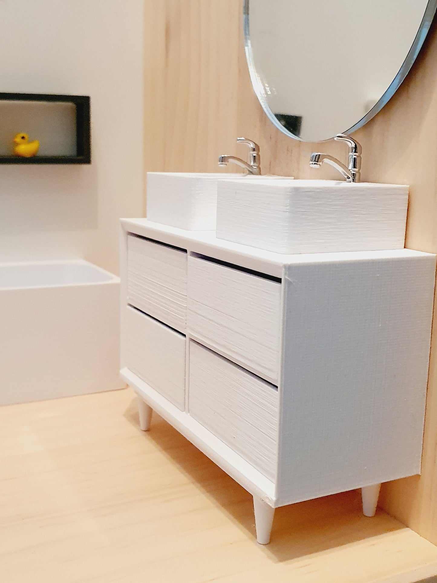 Dolls House Modern Bathroom Vanity Unit with 2x Square or Round Sinks, Choice of Colours 1:12th Scale, Miniature Sink